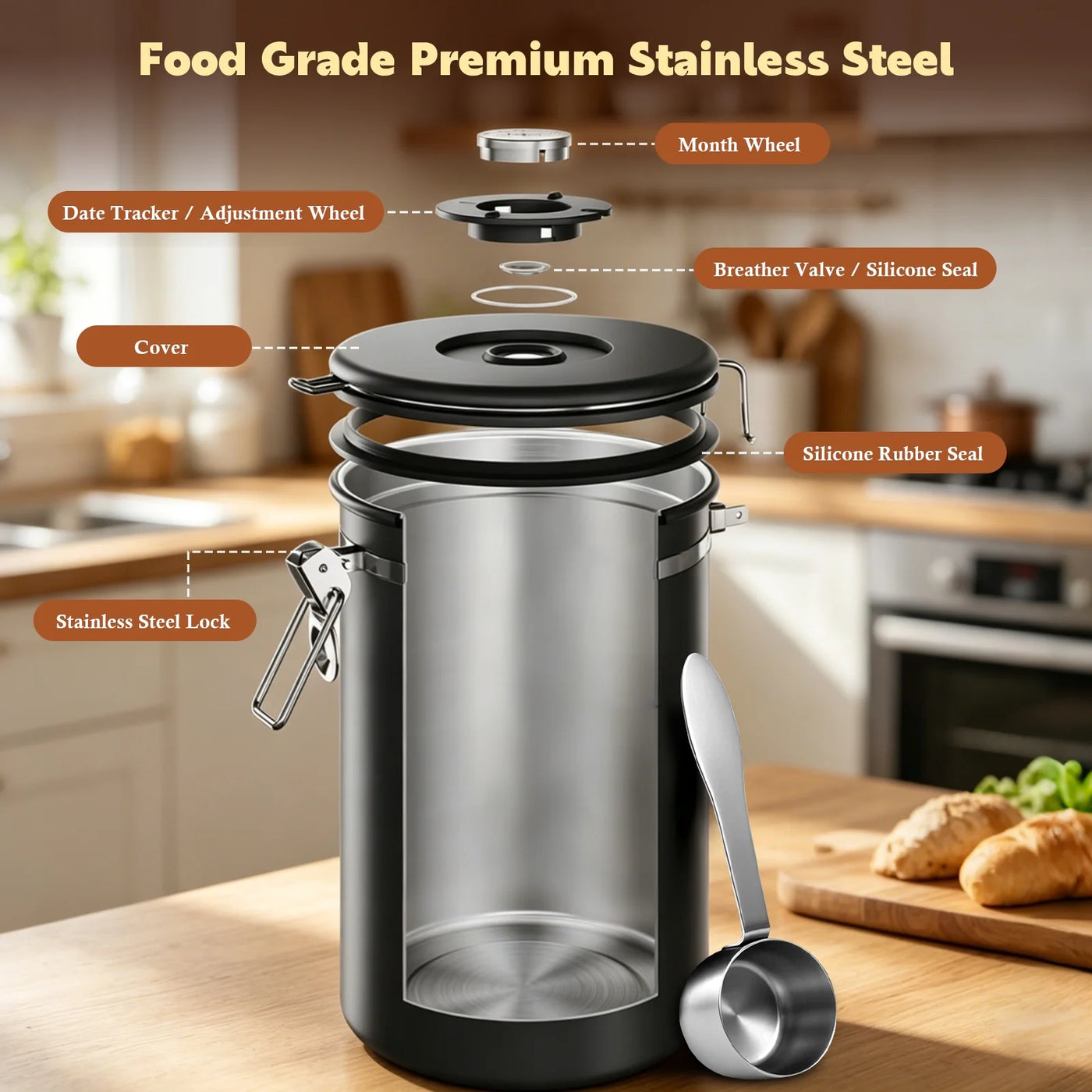 22 Oz Coffee Canister, Stainless Steel Airtight Coffee Bean Storage Grounds Container with Date Tracker and Measuring Scoop