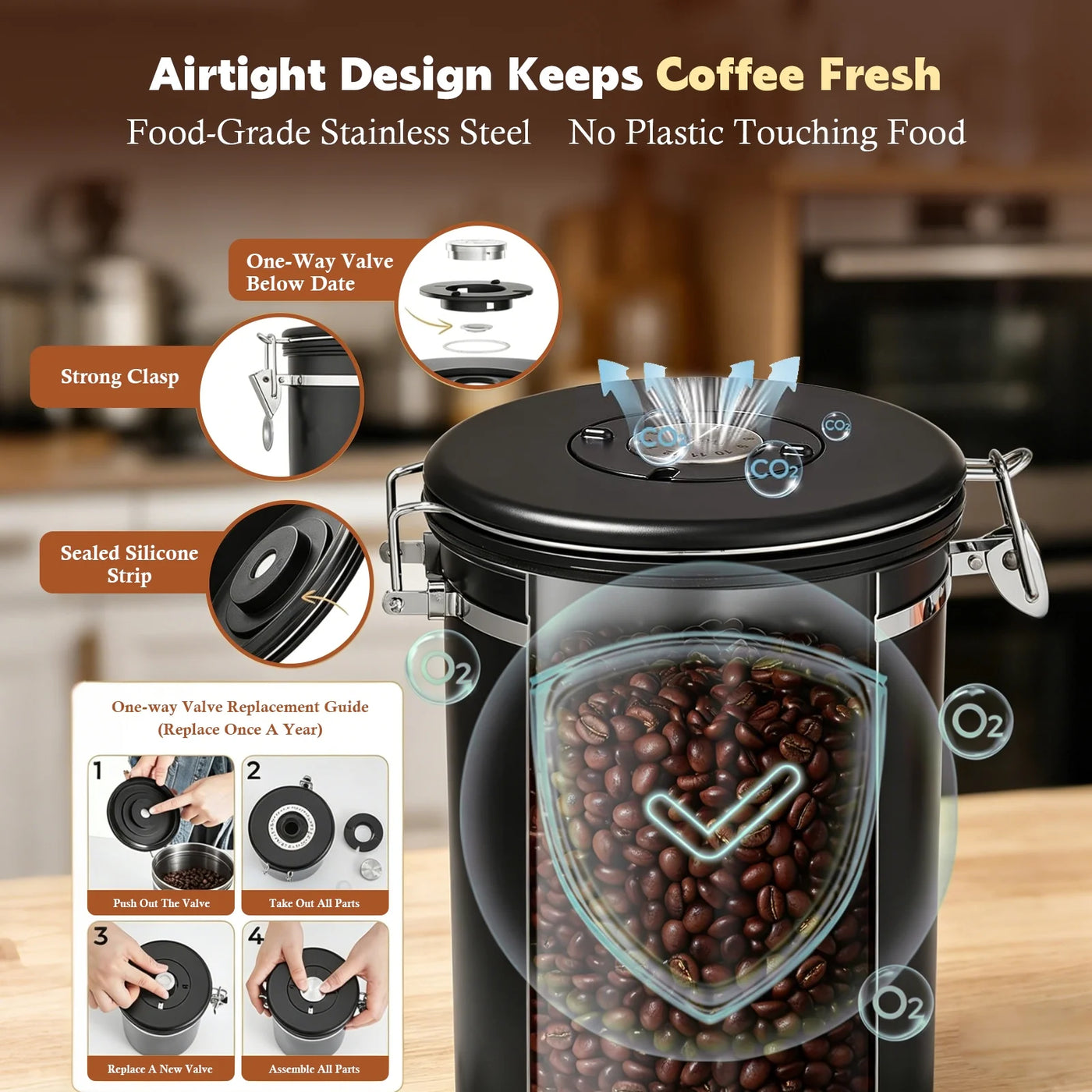 22 Oz Coffee Canister, Stainless Steel Airtight Coffee Bean Storage Grounds Container with Date Tracker and Measuring Scoop