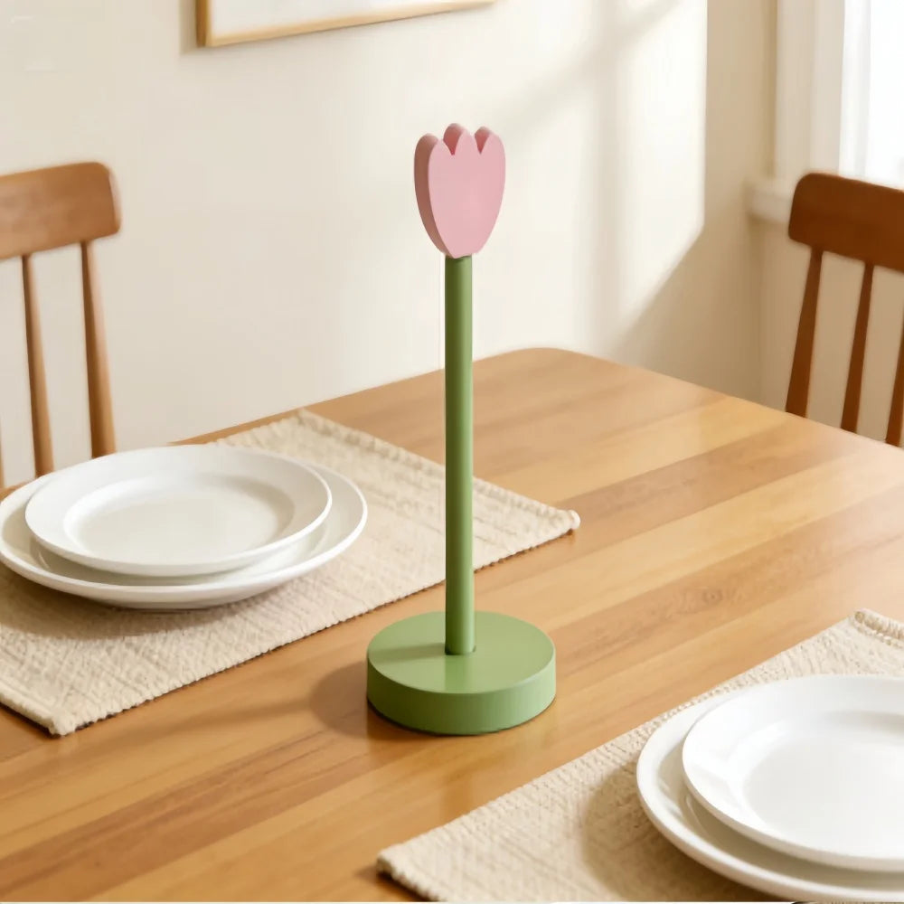 Wooden Paper Towel Holder Countertop, Rustic Standing Paper Towel Roll Stand with Pink Flower Design for Kitchen, Bathroom, Bar