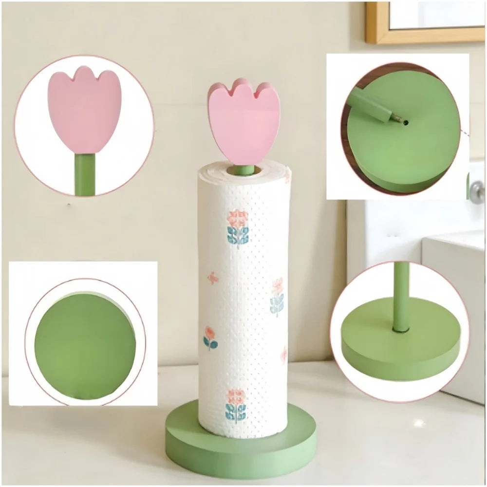 Wooden Paper Towel Holder Countertop, Rustic Standing Paper Towel Roll Stand with Pink Flower Design for Kitchen, Bathroom, Bar