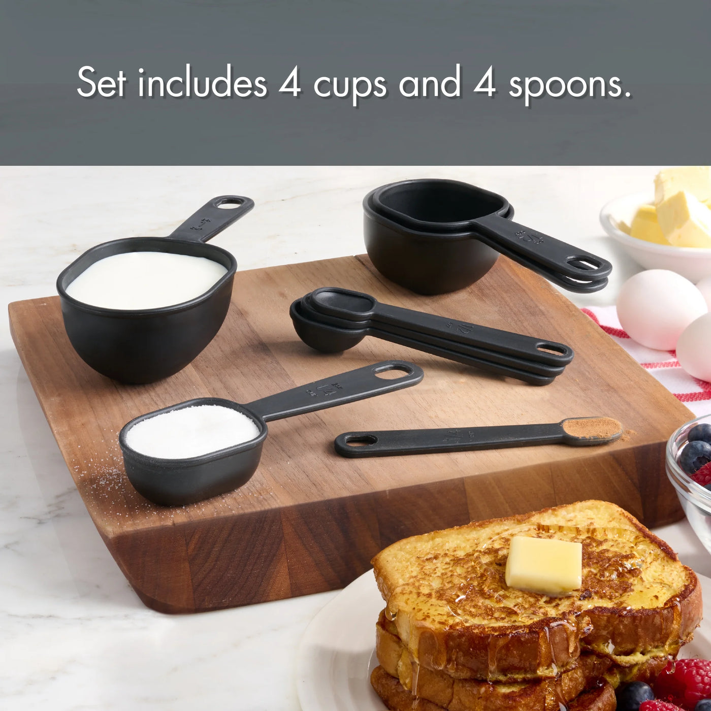 8-Piece Measuring Cup and Spoon Set, Durable, Space Saving Kitchen Essential, Black, for Cooking, Mixing, Serving and Nonstick Cookware