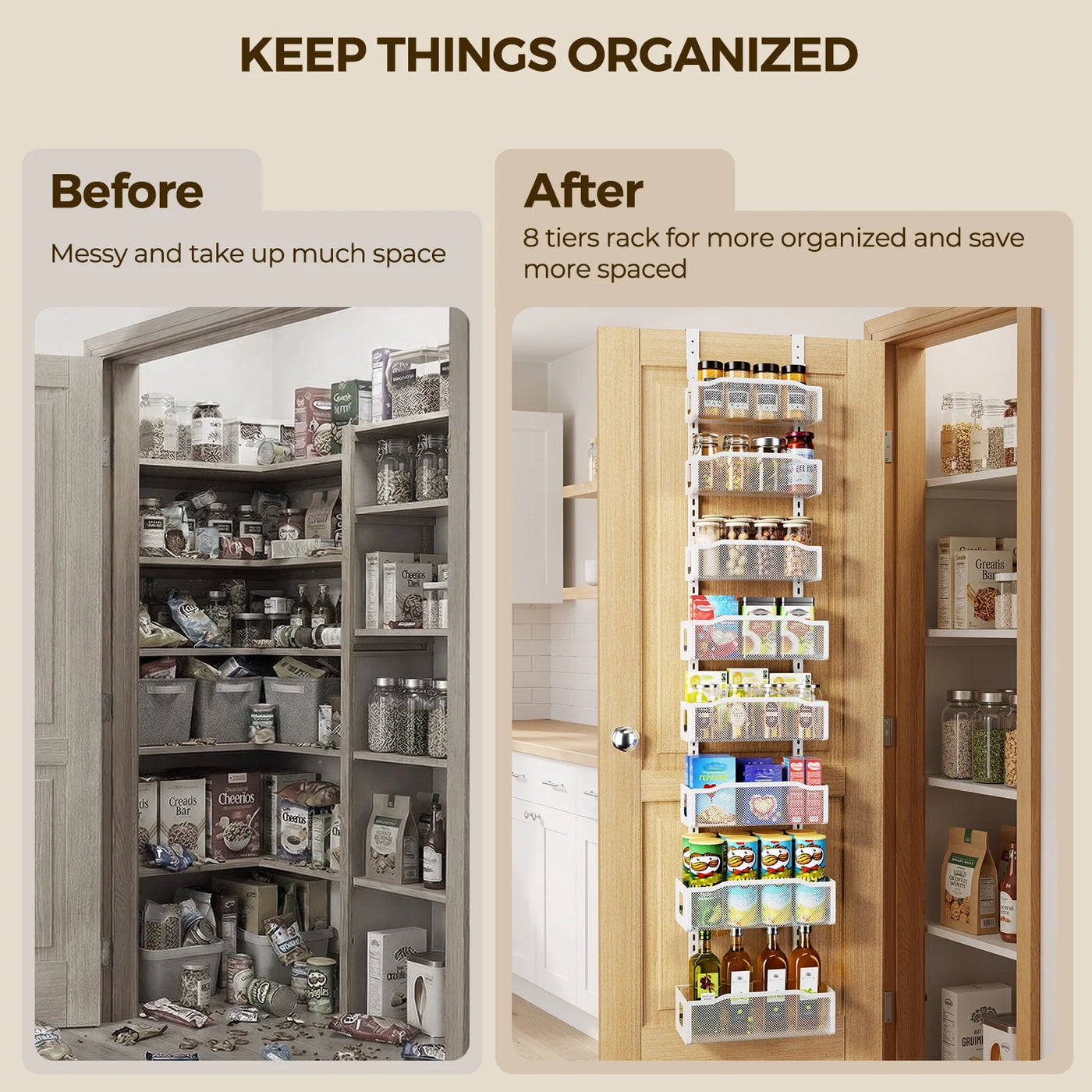 8-Tier Over The Door Pantry Organizer, Delamu Heavy-duty Metal with 8 Baskets, Hanging Storage and Organization for Kitchen, Spice Rack 12in Width