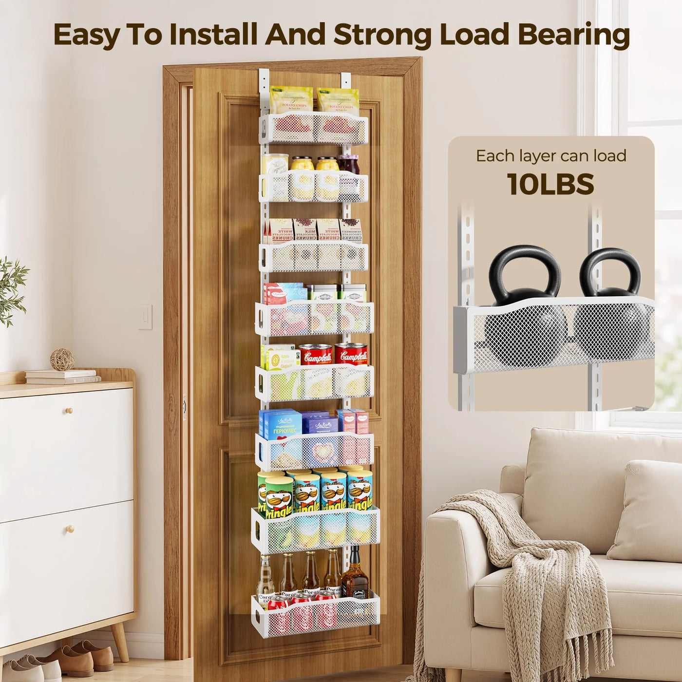 8-Tier Over The Door Pantry Organizer, Delamu Heavy-duty Metal with 8 Baskets, Hanging Storage and Organization for Kitchen, Spice Rack 12in Width