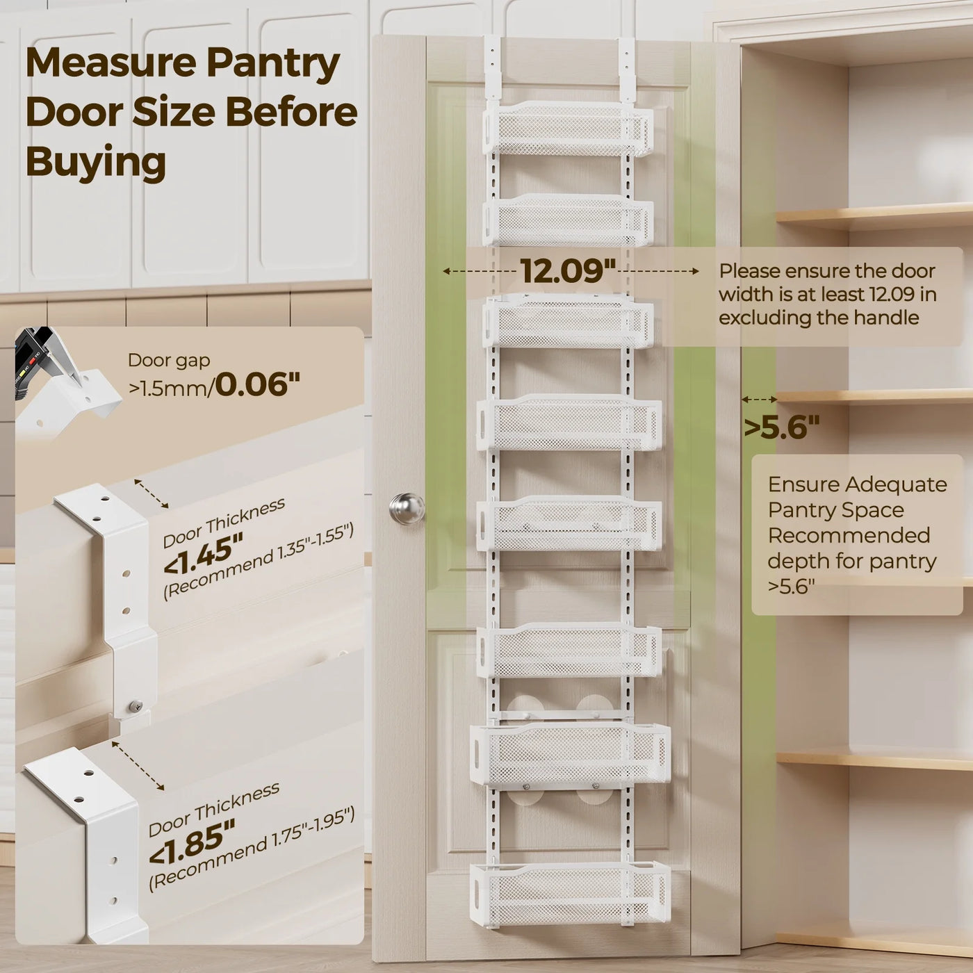 8-Tier Over The Door Pantry Organizer, Delamu Heavy-duty Metal with 8 Baskets, Hanging Storage and Organization for Kitchen, Spice Rack 12in Width