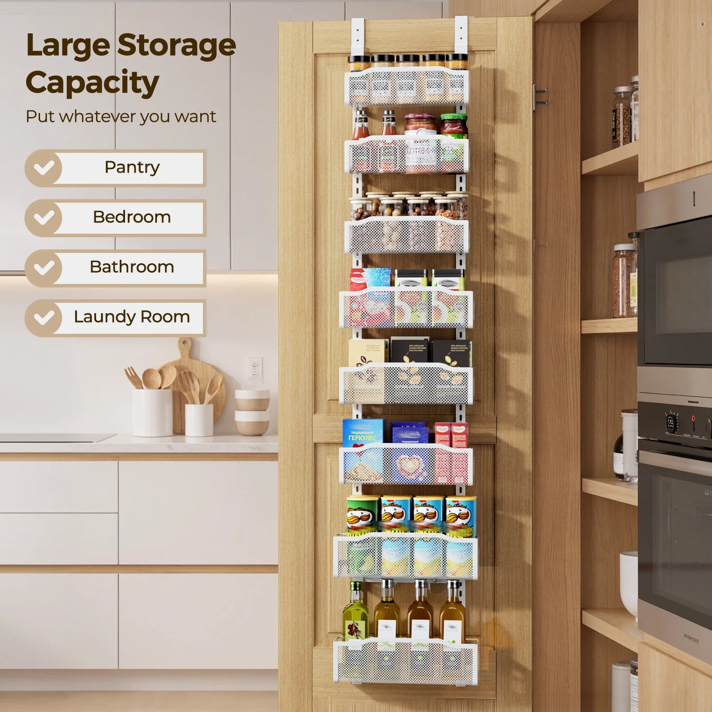 8-Tier Over The Door Pantry Organizer, Delamu Heavy-duty Metal with 8 Baskets, Hanging Storage and Organization for Kitchen, Spice Rack 12in Width