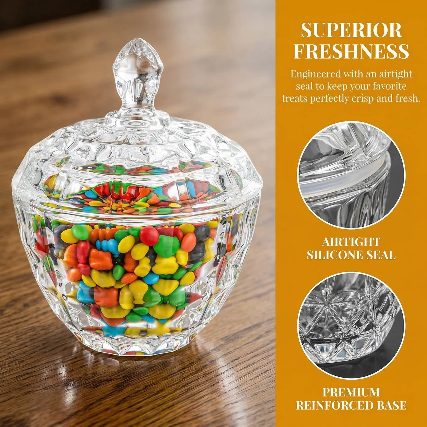 Glass Candy Dish with Lid Decorative Covered Food Storage Organization Clear Sugar Bowl Container Crystal Glass Candy Jar for Home Kitchen Party