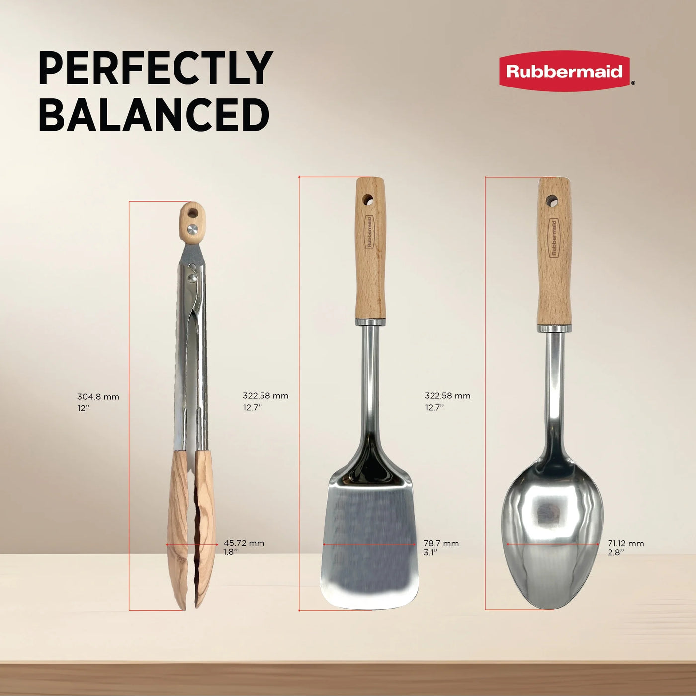 3-Piece Kitchen Utensil Set, Durable Stainless Steel Cooking Utensils with Rubberwood Handles | Solid Spoon, Turner Spatula