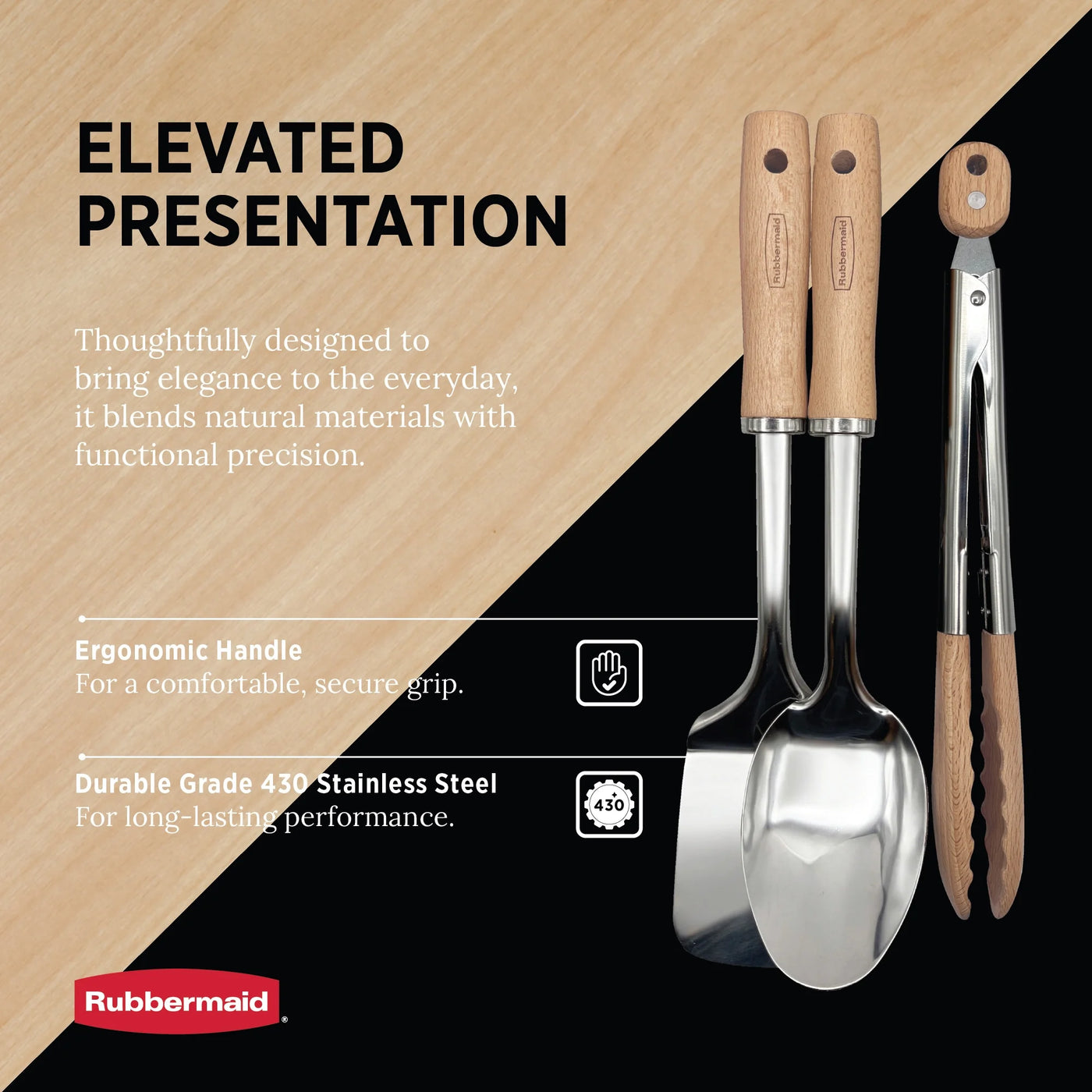 3-Piece Kitchen Utensil Set, Durable Stainless Steel Cooking Utensils with Rubberwood Handles | Solid Spoon, Turner Spatula