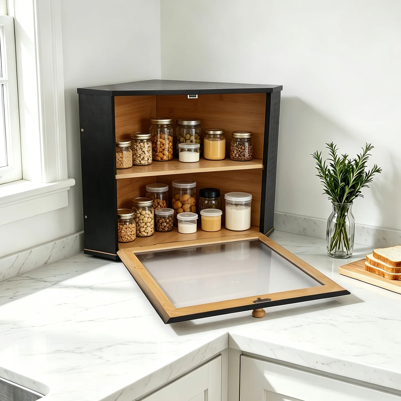 Corner Bread Box for Kitchen Countertop, Taimasi 2 Tier Bread Storage Container, Large Breadbox Under Cabinet Organizer for Homemade Bread, Black