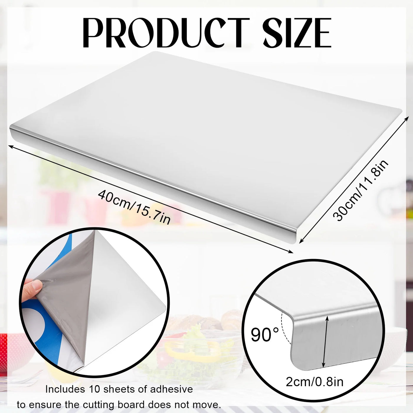 Food Grade Stainless Steel Cutting Boards for Kitchen, Large Baking Cutting Boards with Counter Lip and 10 Double-sided Stickers for Meat, Fruits