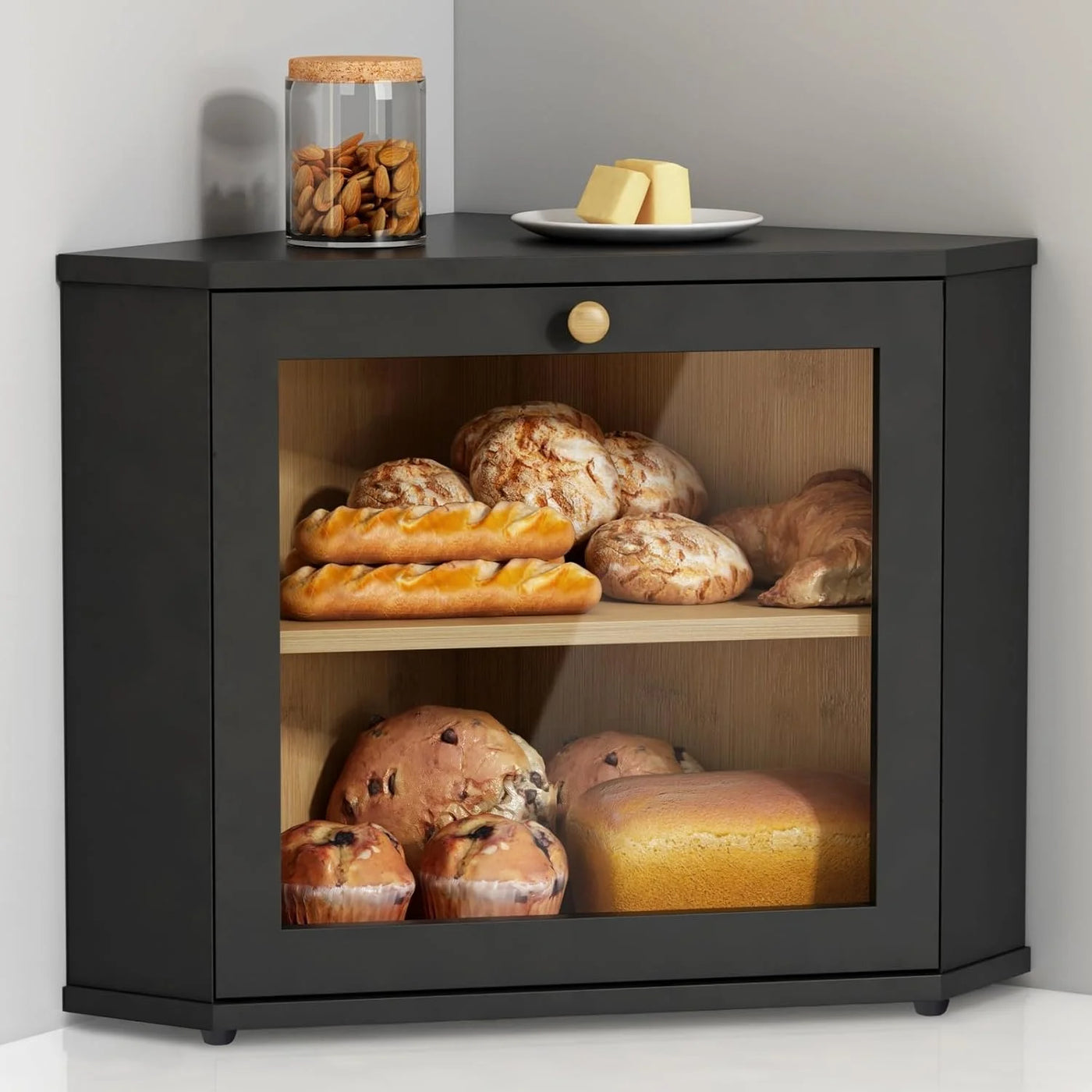 Corner Bread Box for Kitchen Countertop, Taimasi 2 Tier Bread Storage Container, Large Breadbox Under Cabinet Organizer for Homemade Bread, Black