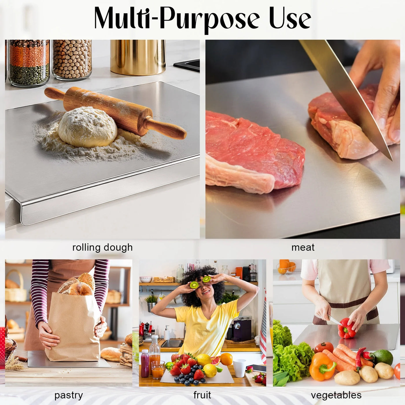 Food Grade Stainless Steel Cutting Boards for Kitchen, Large Baking Cutting Boards with Counter Lip and 10 Double-sided Stickers for Meat, Fruits