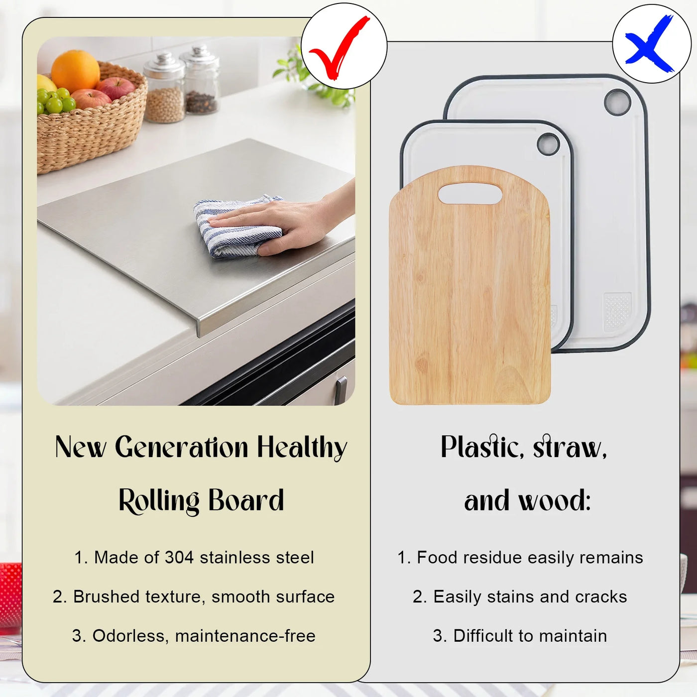 Food Grade Stainless Steel Cutting Boards for Kitchen, Large Baking Cutting Boards with Counter Lip and 10 Double-sided Stickers for Meat, Fruits