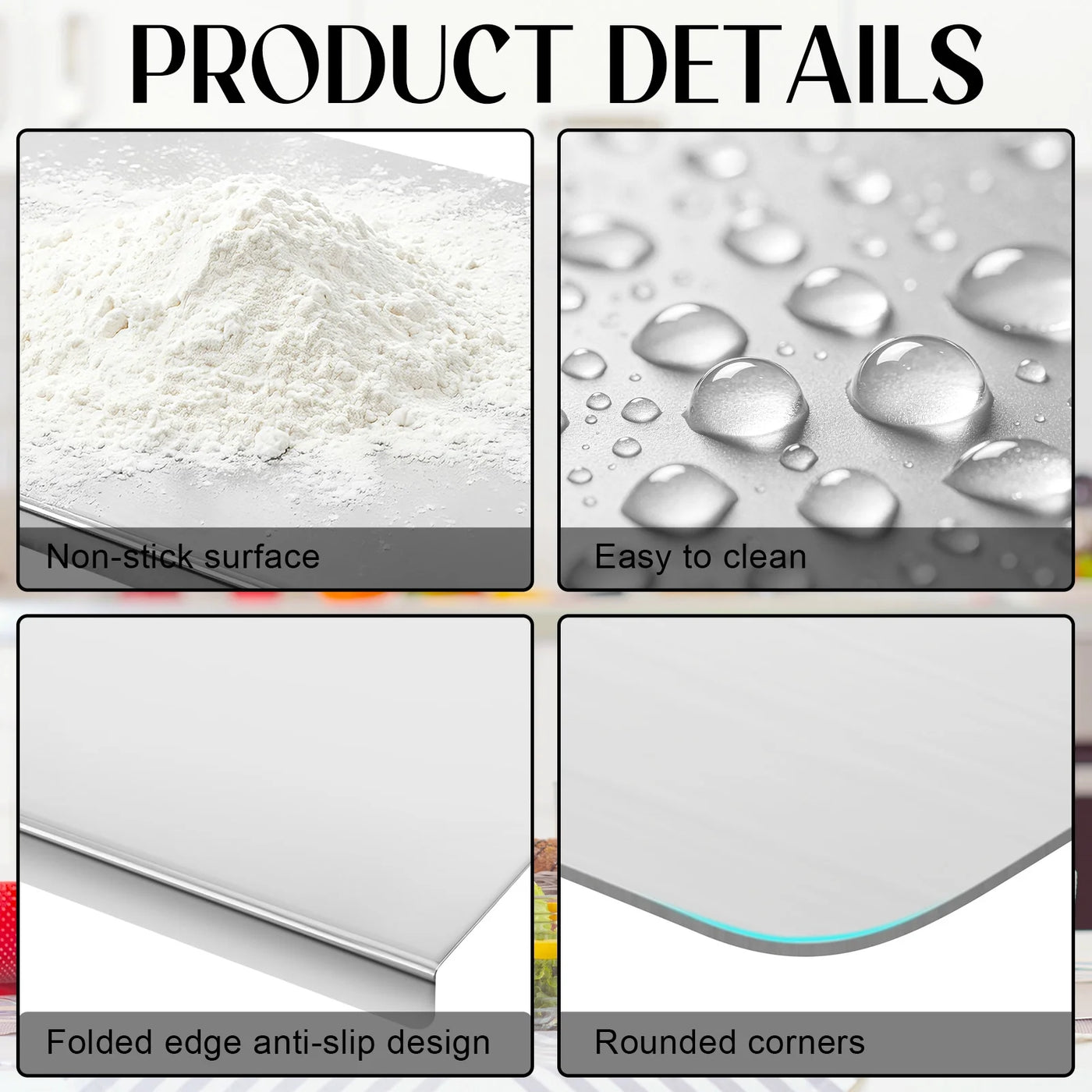 Food Grade Stainless Steel Cutting Boards for Kitchen, Large Baking Cutting Boards with Counter Lip and 10 Double-sided Stickers for Meat, Fruits