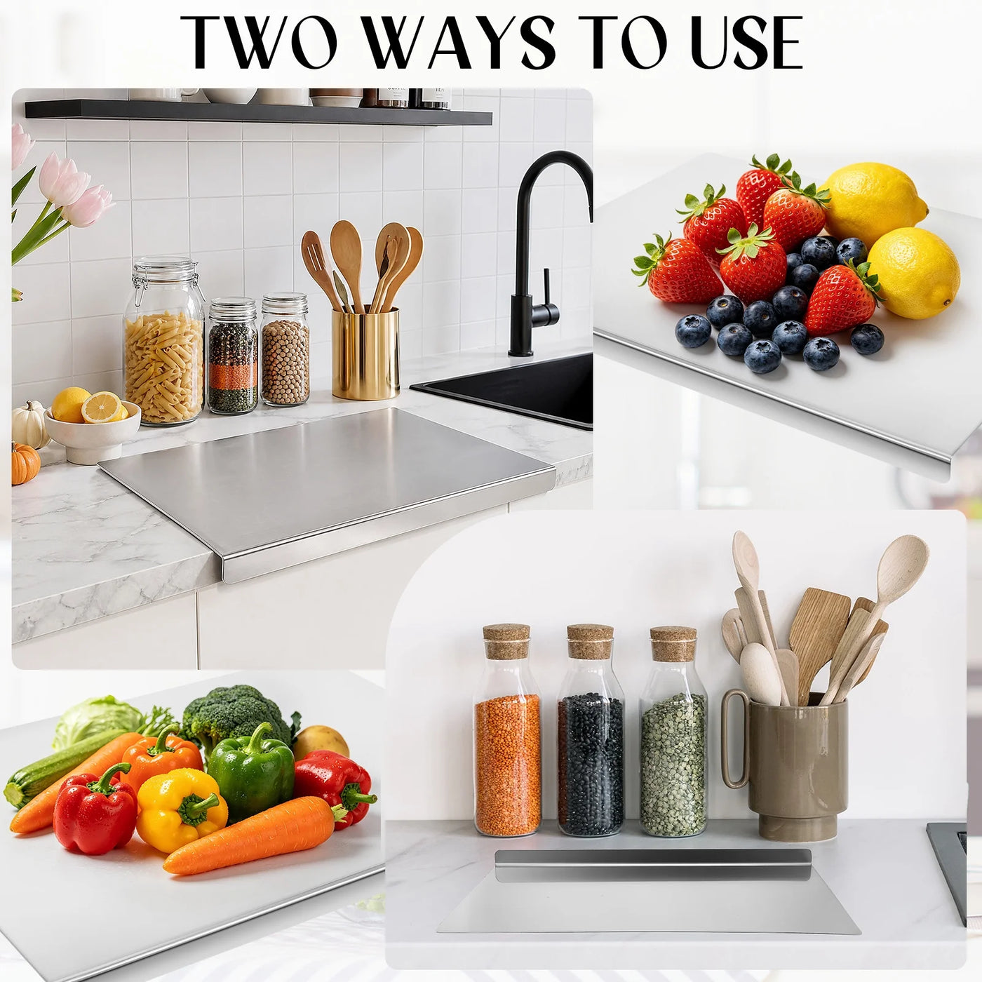 Food Grade Stainless Steel Cutting Boards for Kitchen, Large Baking Cutting Boards with Counter Lip and 10 Double-sided Stickers for Meat, Fruits