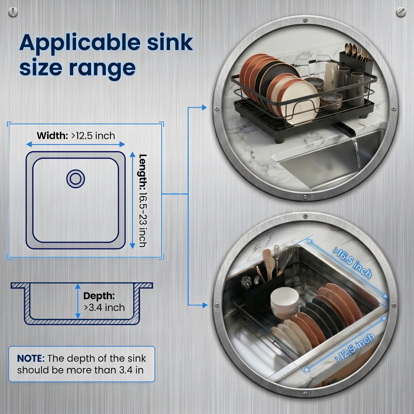 Metal Dish Drying Rack for Kitchen Counter (15.6" × 12") — Black Coated Steel with Removable Utensil Holder and Swivel Drainboard