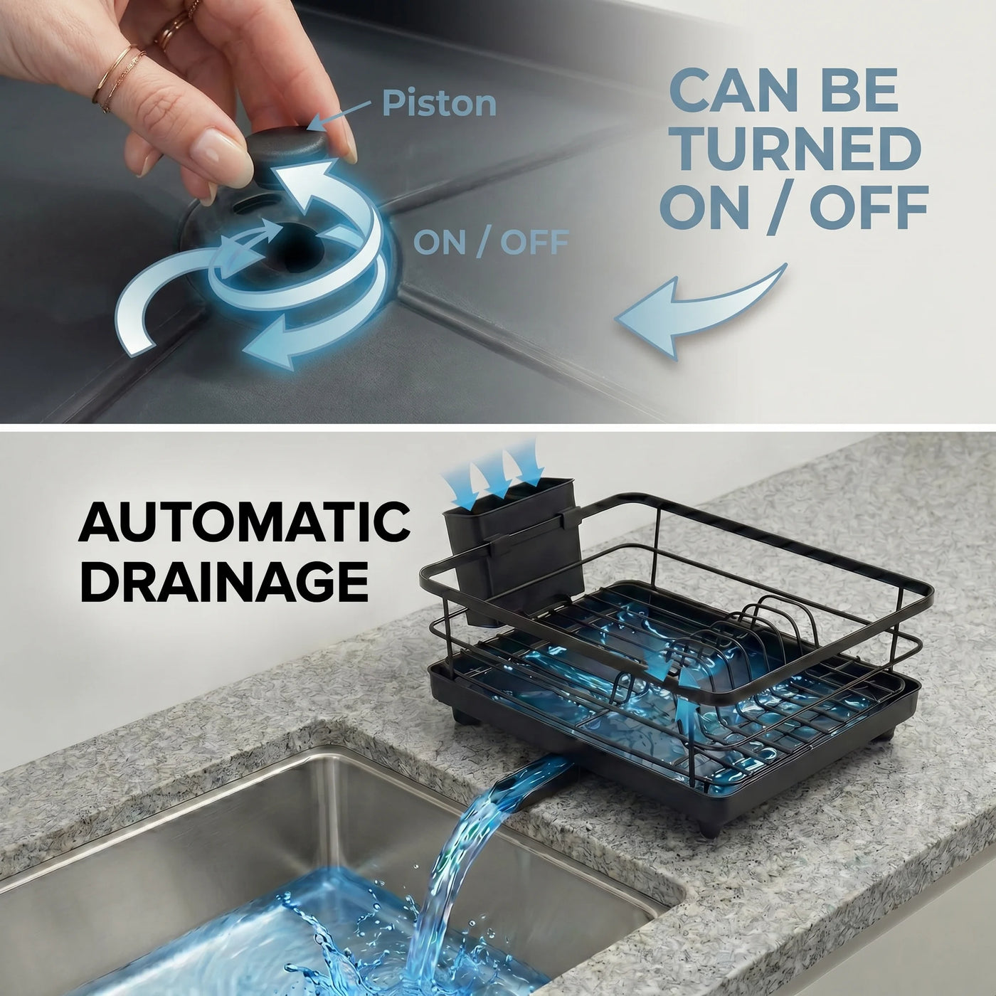 Metal Dish Drying Rack for Kitchen Counter (15.6" × 12") — Black Coated Steel with Removable Utensil Holder and Swivel Drainboard