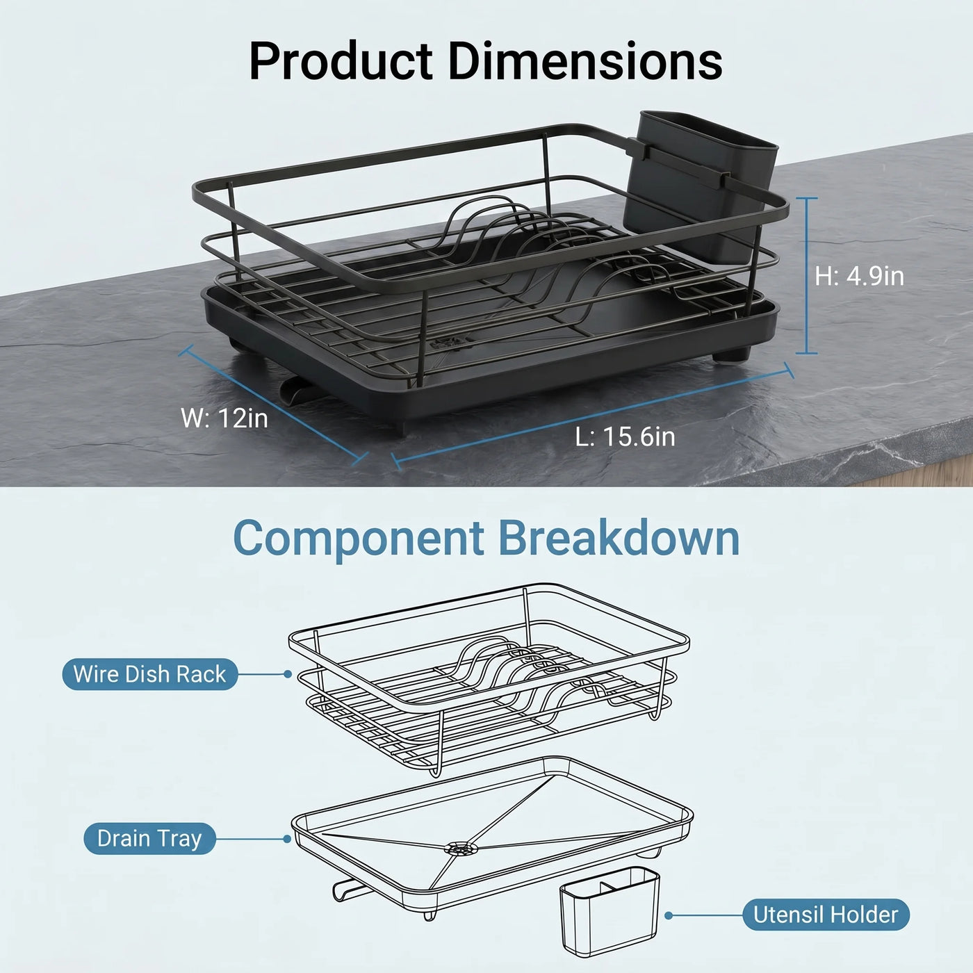 Metal Dish Drying Rack for Kitchen Counter (15.6" × 12") — Black Coated Steel with Removable Utensil Holder and Swivel Drainboard