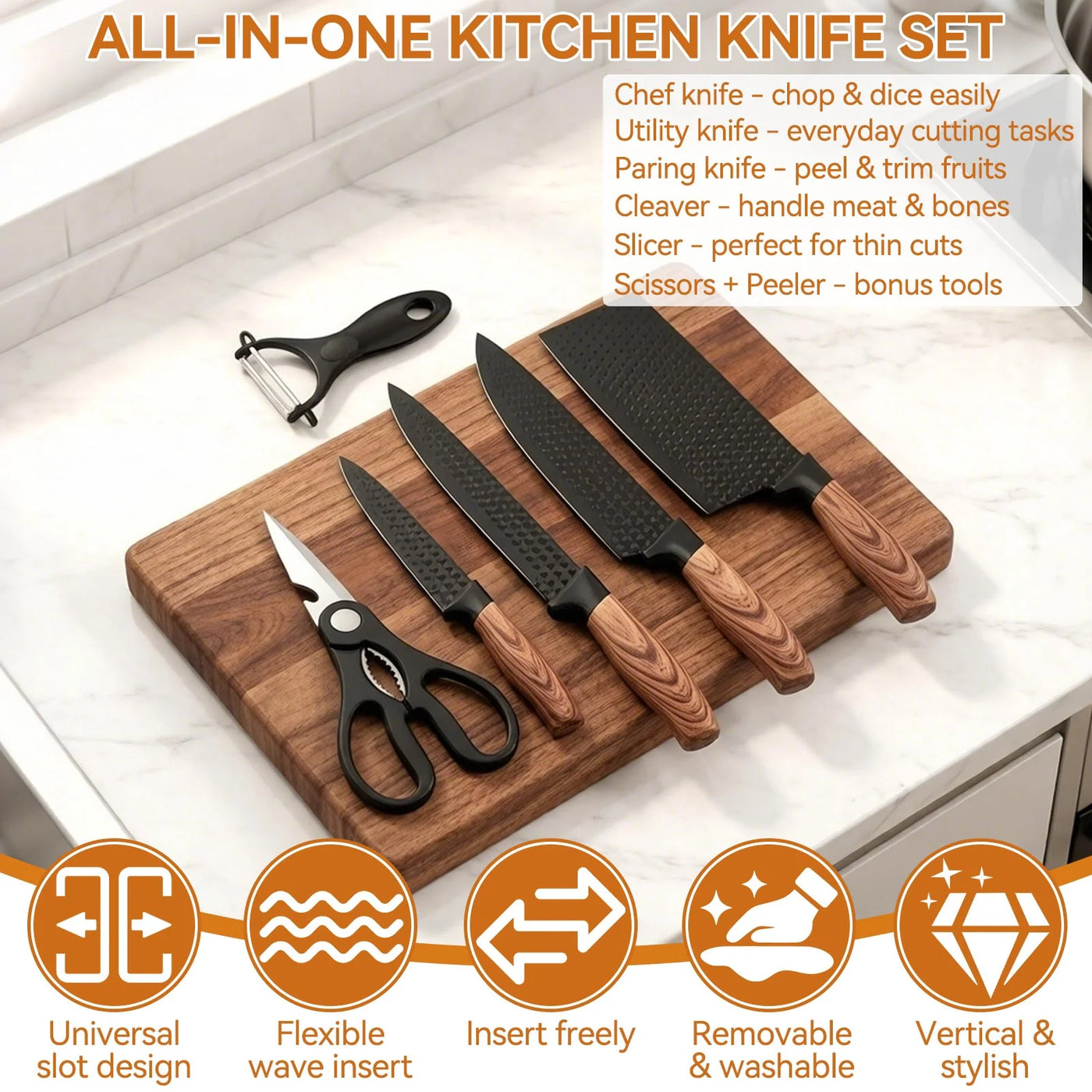 Set, 7-Piece Kitchen Knife Set with Universal Knife Block for Home Restaurant, for Chopping, Slicing and Everyday Food Preparation