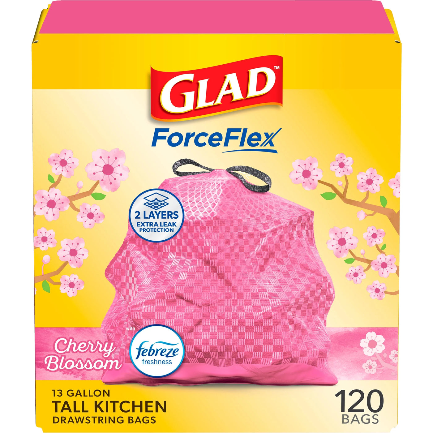 Forceflex Tall Kitchen Drawstring Trash Bags, 13 Gallon, Pink, Cherry Blossom, 120 Count, for Everyday Home Kitchen Cooking, Storage and Organization