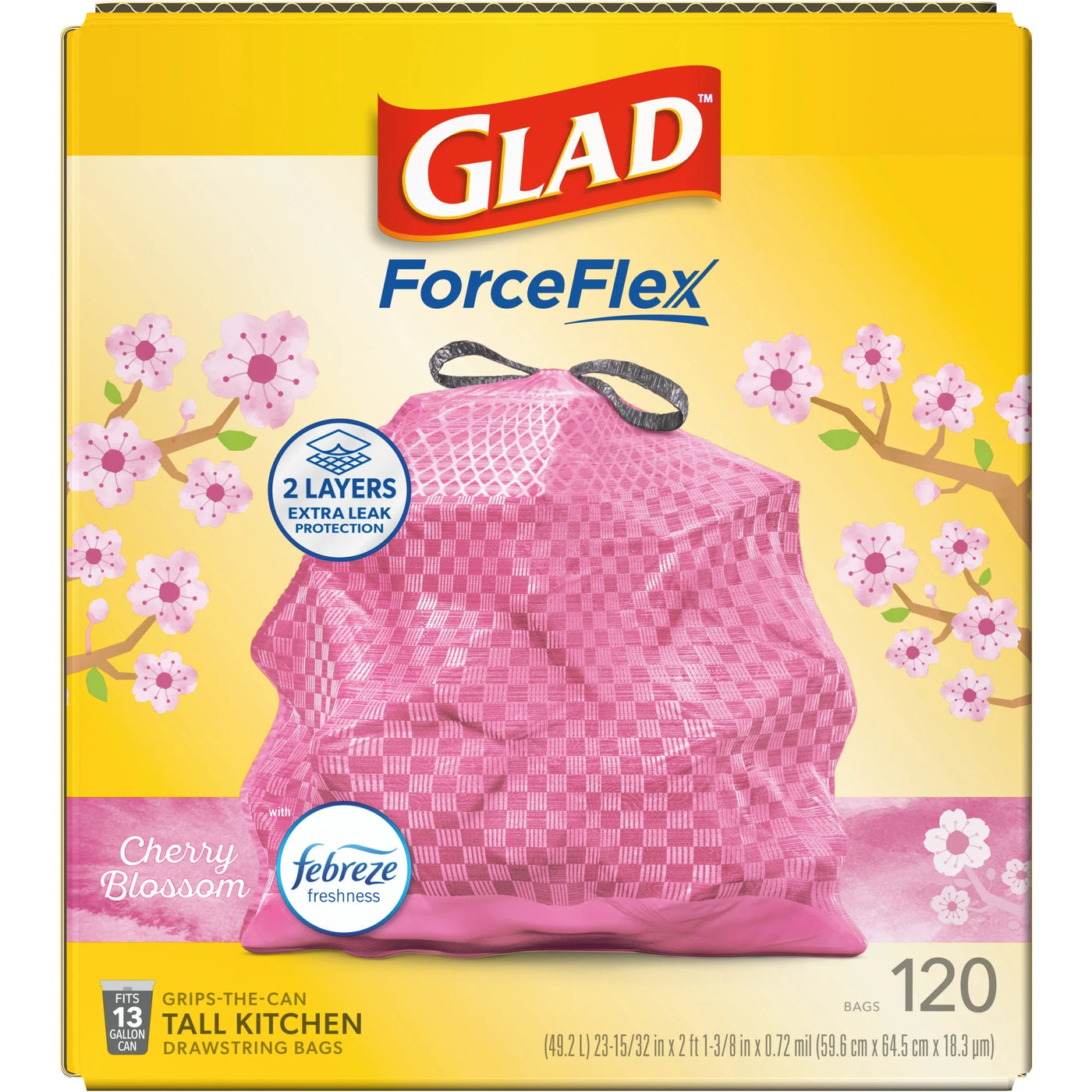 Forceflex Tall Kitchen Drawstring Trash Bags, 13 Gallon, Pink, Cherry Blossom, 120 Count, for Everyday Home Kitchen Cooking, Storage and Organization