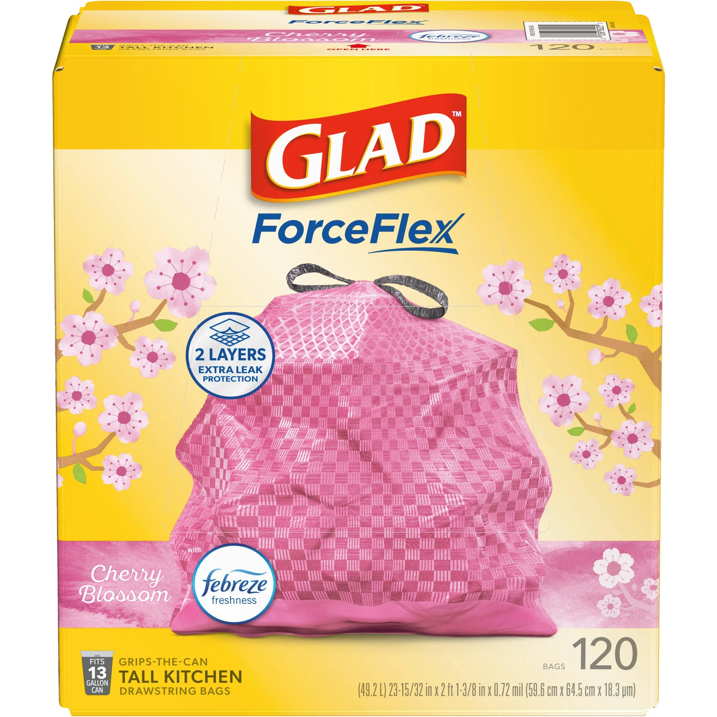 Forceflex Tall Kitchen Drawstring Trash Bags, 13 Gallon, Pink, Cherry Blossom, 120 Count, for Everyday Home Kitchen Cooking, Storage and Organization