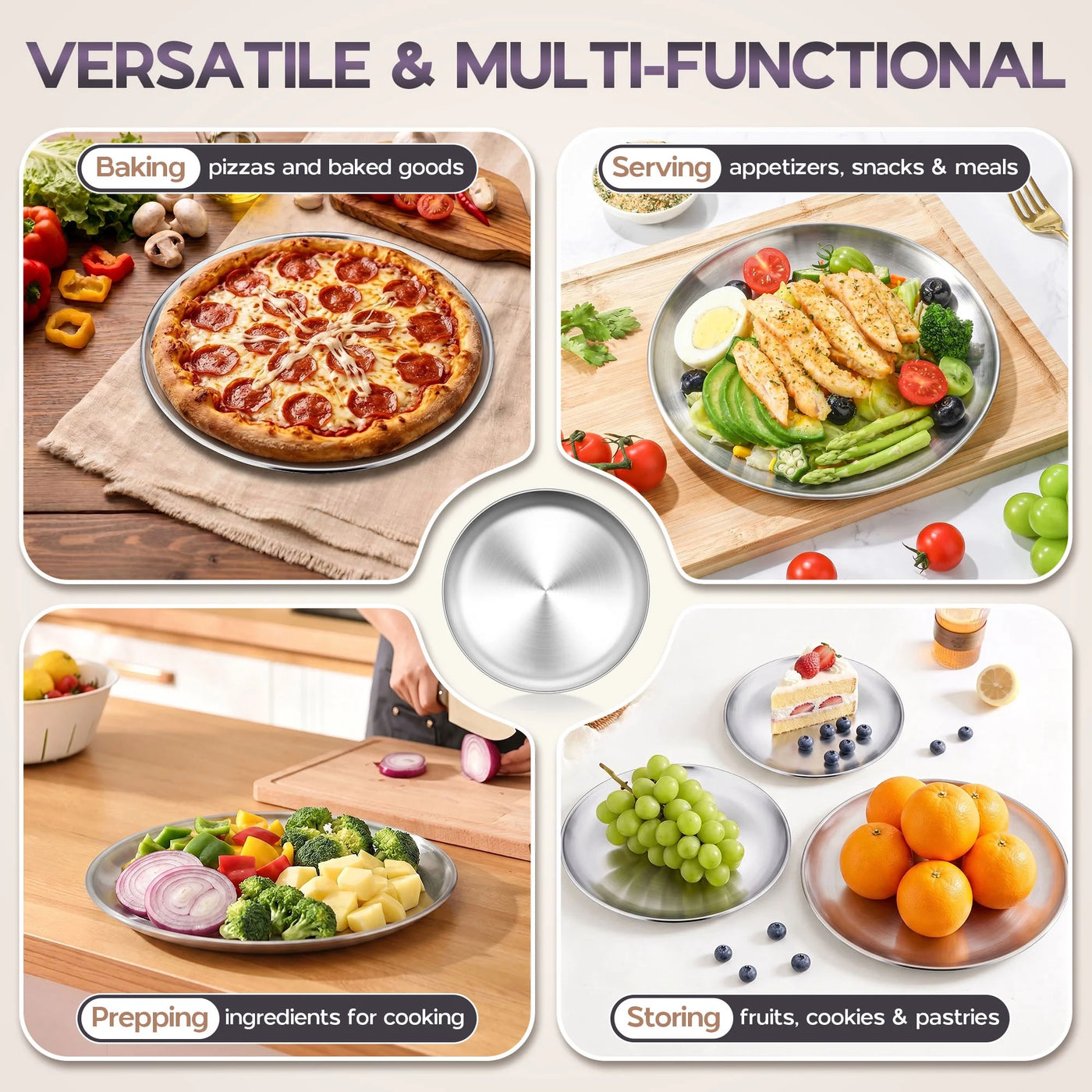 Pizza Pan Set of 4, 8/10/12/13.4 Inch Stainless Steel Pizza Pan Tray, Round Pizza Plate for Pie Cookie Pizza Cake, Pizza Trays for Oven Kitchen Baking
