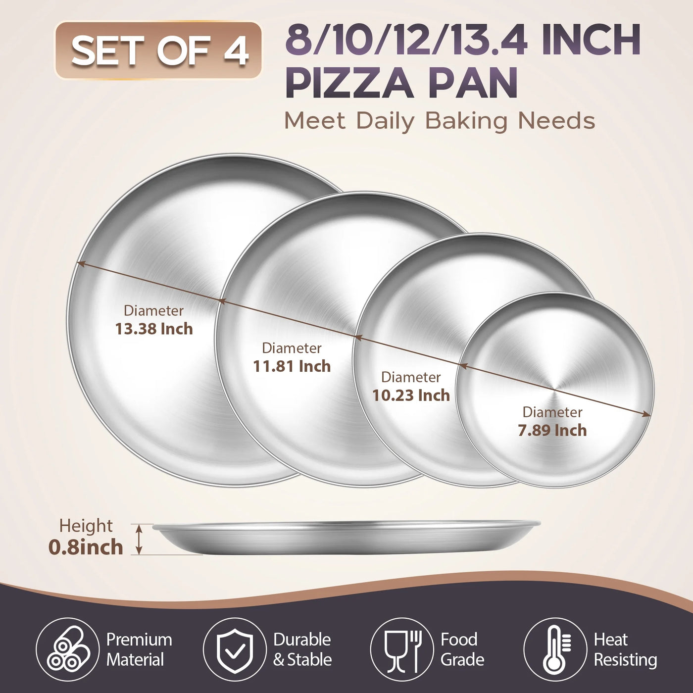 Pizza Pan Set of 4, 8/10/12/13.4 Inch Stainless Steel Pizza Pan Tray, Round Pizza Plate for Pie Cookie Pizza Cake, Pizza Trays for Oven Kitchen Baking