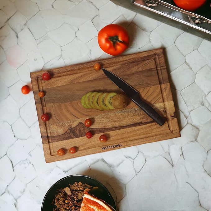 Vesta Homes Wooden Edge Grain Cutting Board/Chopping, Serving Board/Block for Vegetables, Fruits, Cheese and Charcuterie | Natural Acacia Wood | 15 *