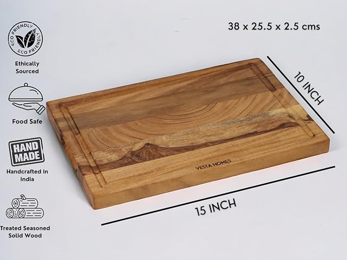 Vesta Homes Wooden Edge Grain Cutting Board/Chopping, Serving Board/Block for Vegetables, Fruits, Cheese and Charcuterie | Natural Acacia Wood | 15 *