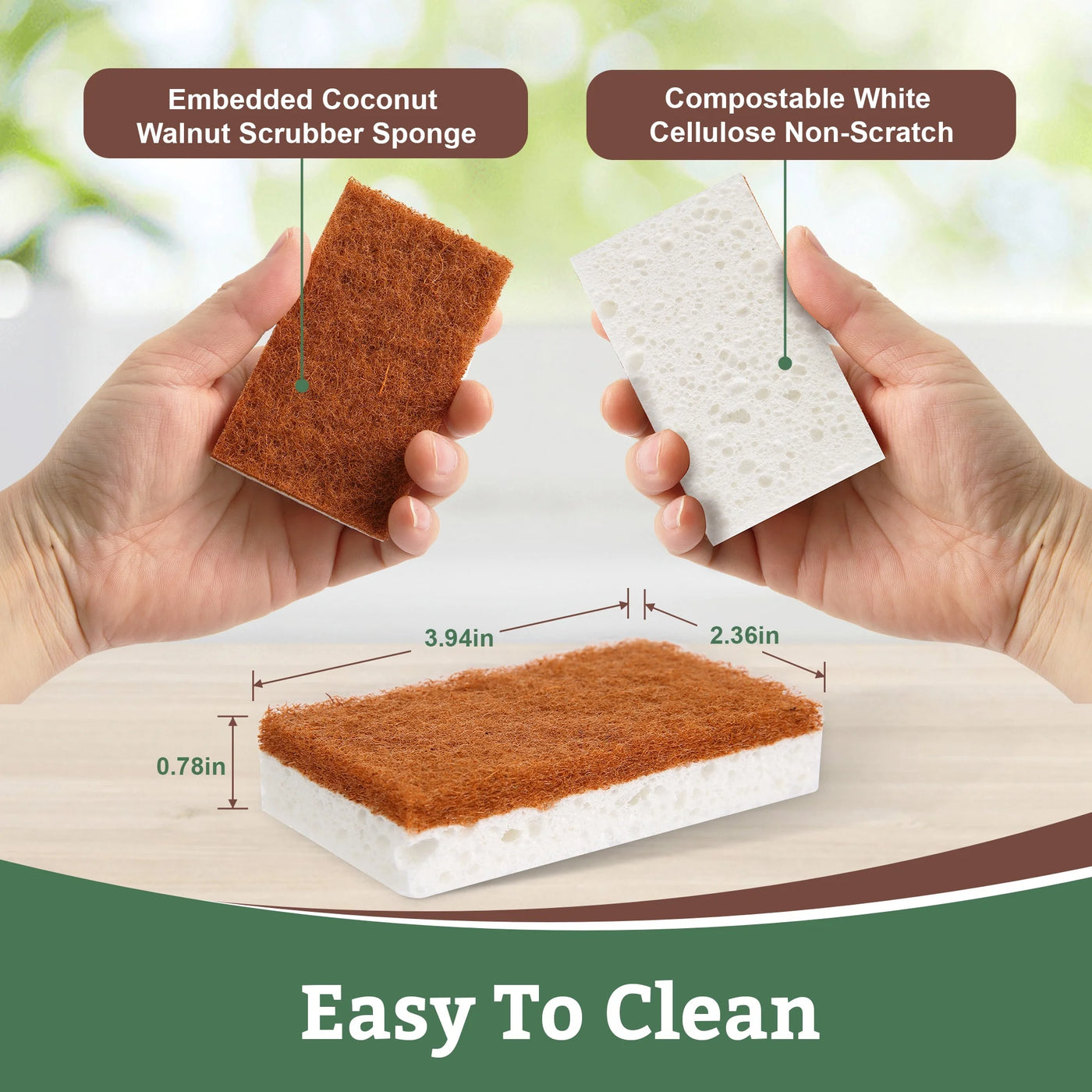 Dual-sided Natural Cellulose Sponges, Coconut Fiber Scrub for Dishes, 12-Pack, for Everyday Home Kitchen Cooking, Storage and Organization