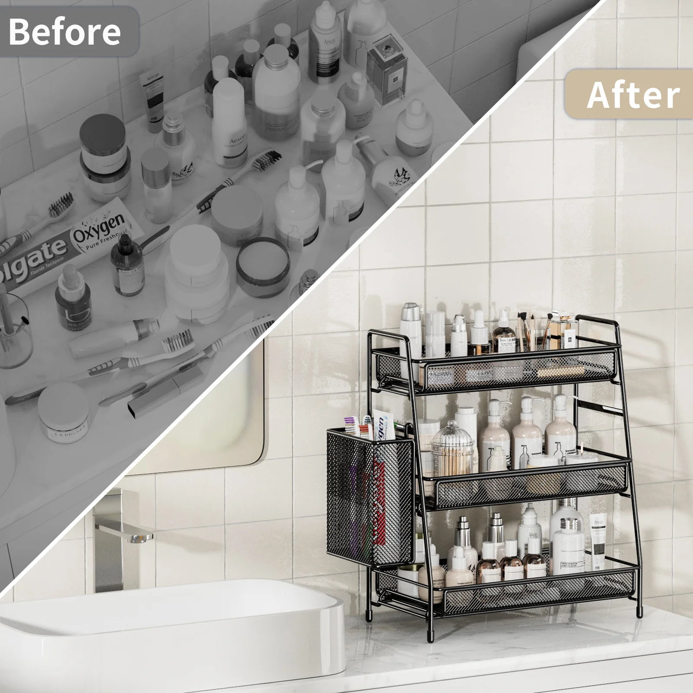 Spice Rack 3-Tier Countertop Organizer with Removable Side Basket, Sturdy Carbon Steel Mesh Storage Shelf for Bathroom and Kitchen, No-tool Assembly