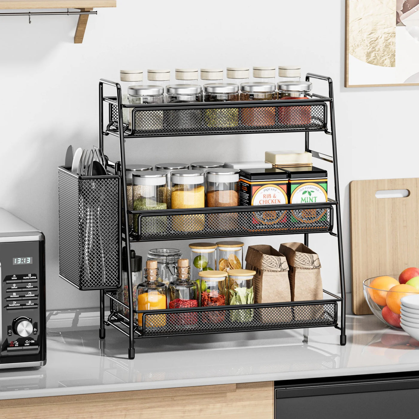 Spice Rack 3-Tier Countertop Organizer with Removable Side Basket, Sturdy Carbon Steel Mesh Storage Shelf for Bathroom and Kitchen, No-tool Assembly