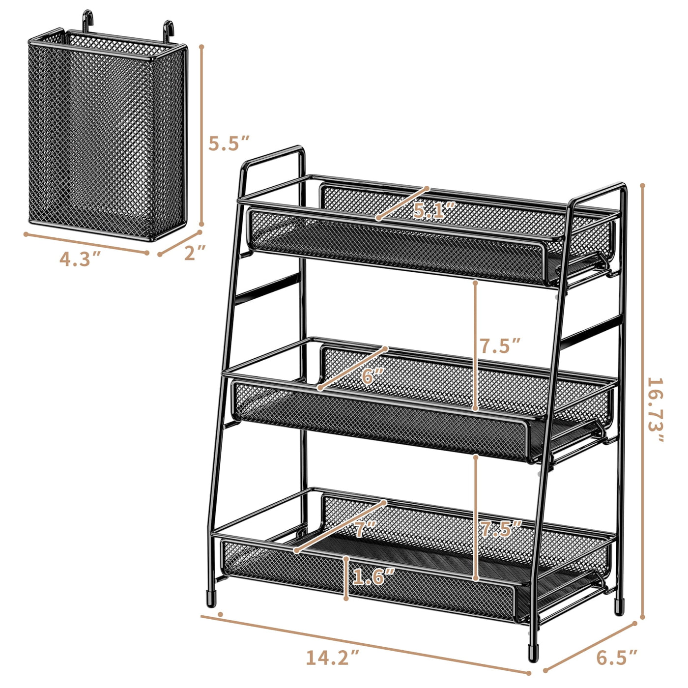 Spice Rack 3-Tier Countertop Organizer with Removable Side Basket, Sturdy Carbon Steel Mesh Storage Shelf for Bathroom and Kitchen, No-tool Assembly