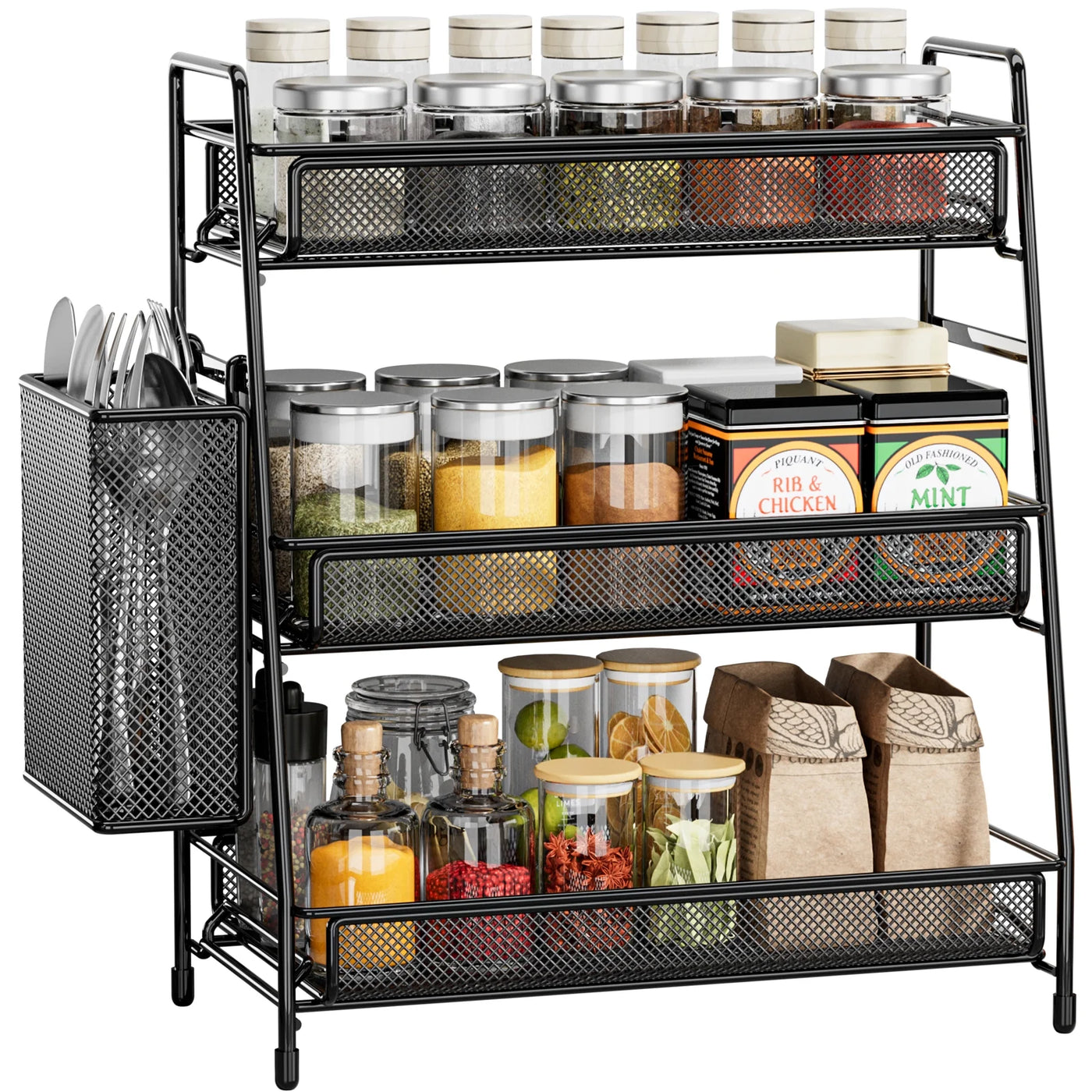 Spice Rack 3-Tier Countertop Organizer with Removable Side Basket, Sturdy Carbon Steel Mesh Storage Shelf for Bathroom and Kitchen, No-tool Assembly