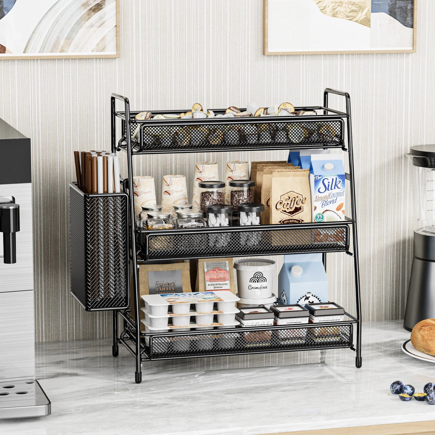 Spice Rack 3-Tier Countertop Organizer with Removable Side Basket, Sturdy Carbon Steel Mesh Storage Shelf for Bathroom and Kitchen, No-tool Assembly