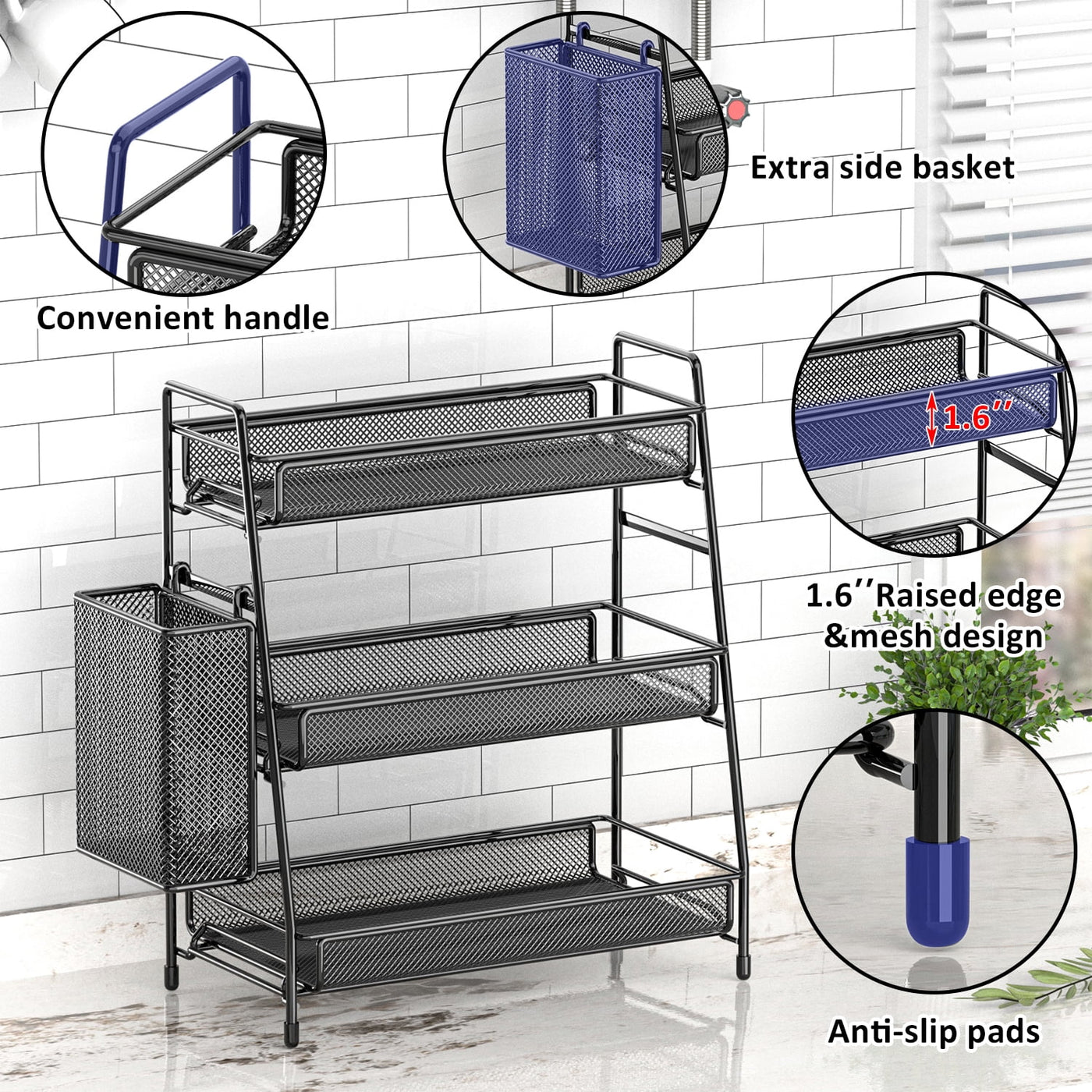Spice Rack 3-Tier Countertop Organizer with Removable Side Basket, Sturdy Carbon Steel Mesh Storage Shelf for Bathroom and Kitchen, No-tool Assembly