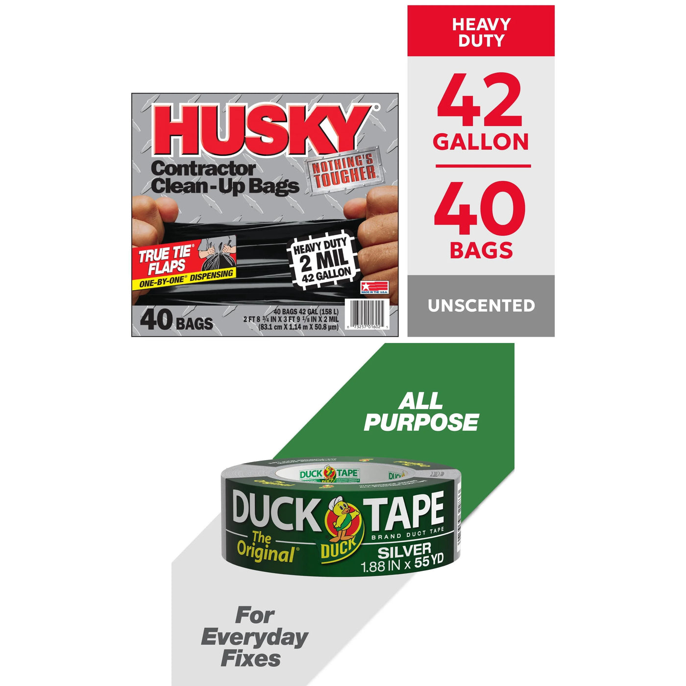 Husky Contractor Bags and Duck Brand Silver Duct Tape Cleanup Bundle, for Everyday Home Kitchen Cooking, Storage and Organization