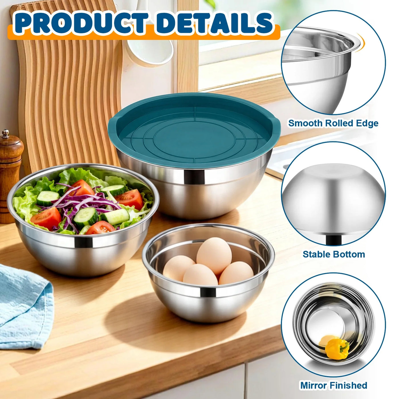 Mixing Bowls with Lid Set of 4, Stainless Steel Nesting Metal Bowls for Kitchen Storage, Ideal for Preparing Cooking Serving Freezing