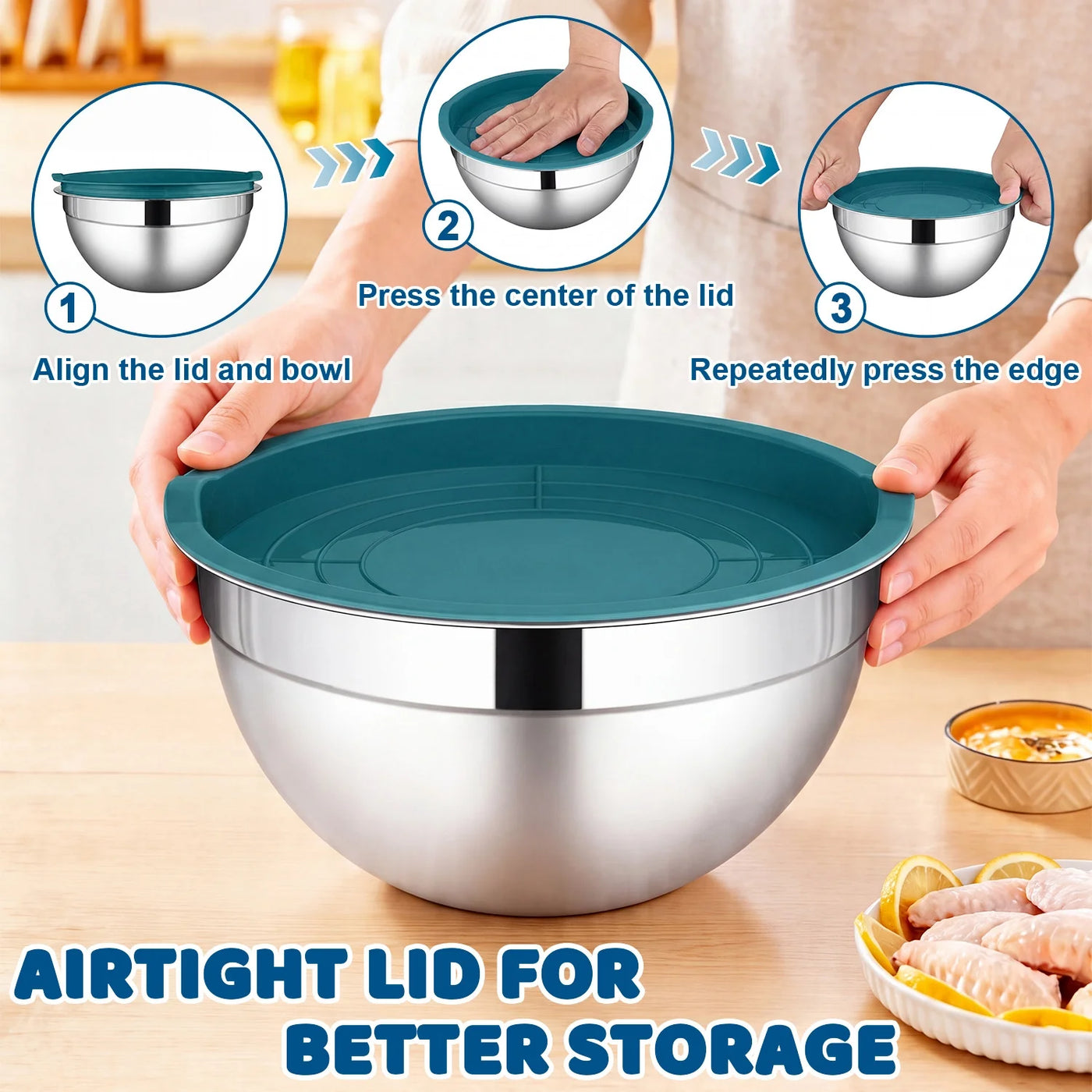 Mixing Bowls with Lid Set of 4, Stainless Steel Nesting Metal Bowls for Kitchen Storage, Ideal for Preparing Cooking Serving Freezing