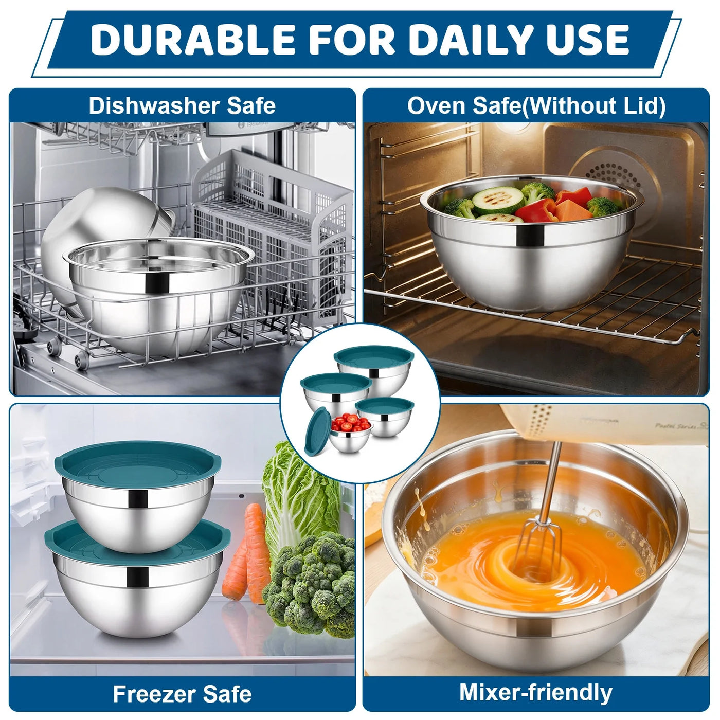 Mixing Bowls with Lid Set of 4, Stainless Steel Nesting Metal Bowls for Kitchen Storage, Ideal for Preparing Cooking Serving Freezing
