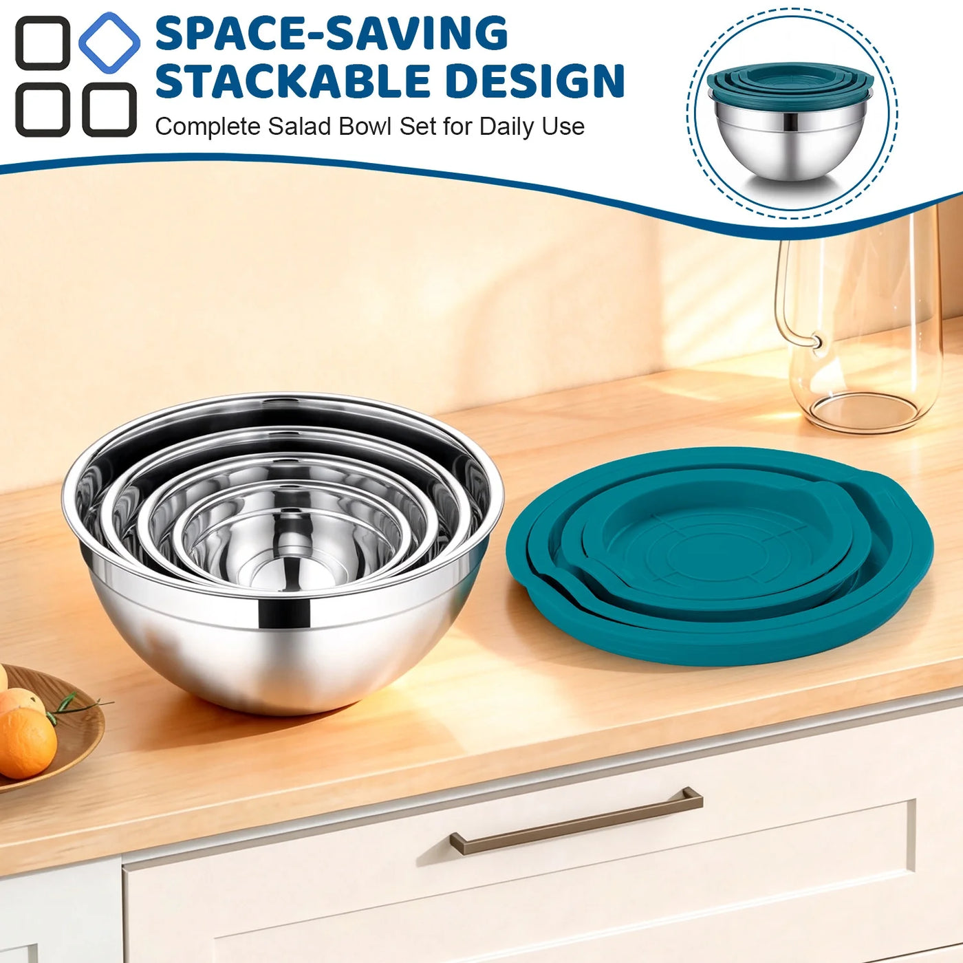 Mixing Bowls with Lid Set of 4, Stainless Steel Nesting Metal Bowls for Kitchen Storage, Ideal for Preparing Cooking Serving Freezing