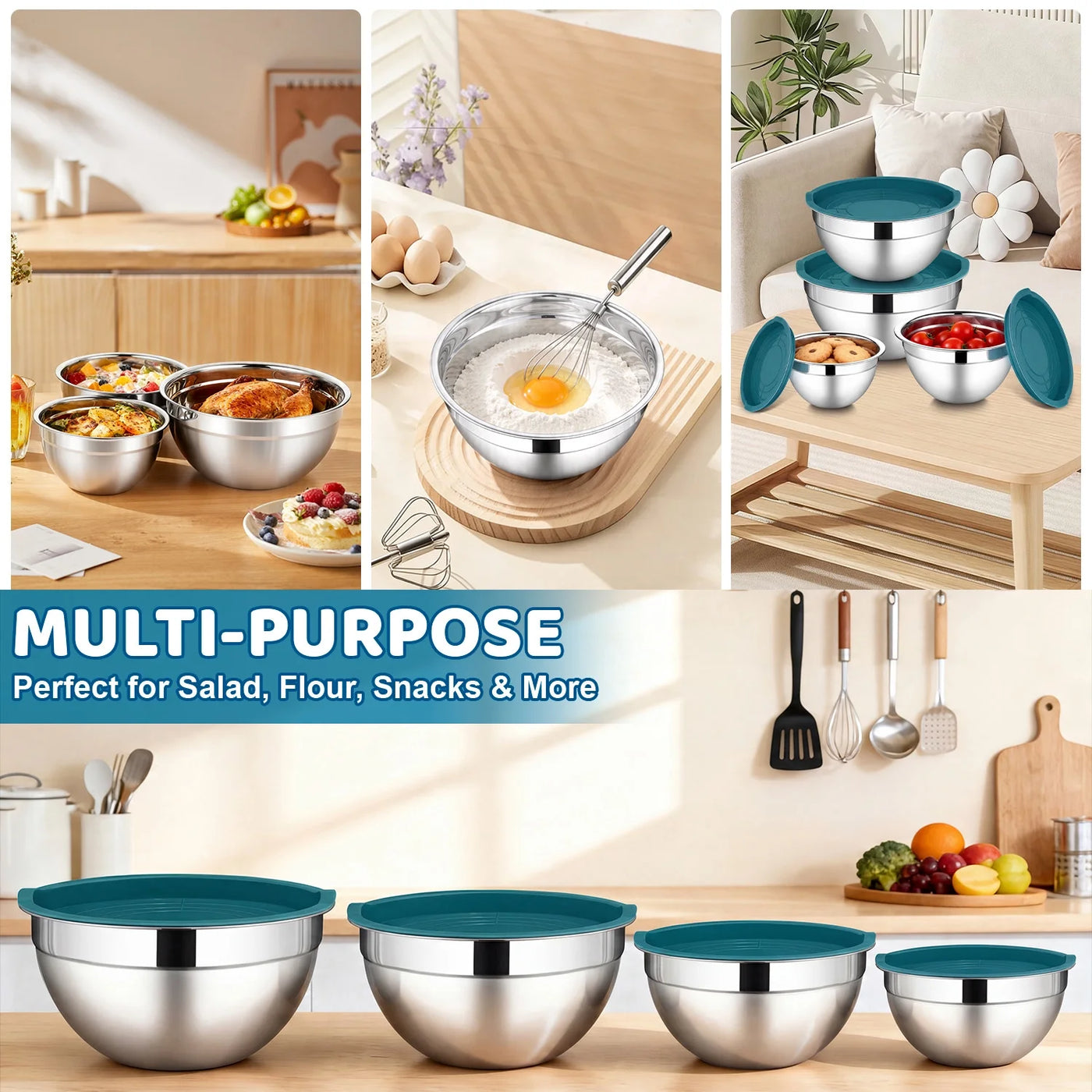 Mixing Bowls with Lid Set of 4, Stainless Steel Nesting Metal Bowls for Kitchen Storage, Ideal for Preparing Cooking Serving Freezing