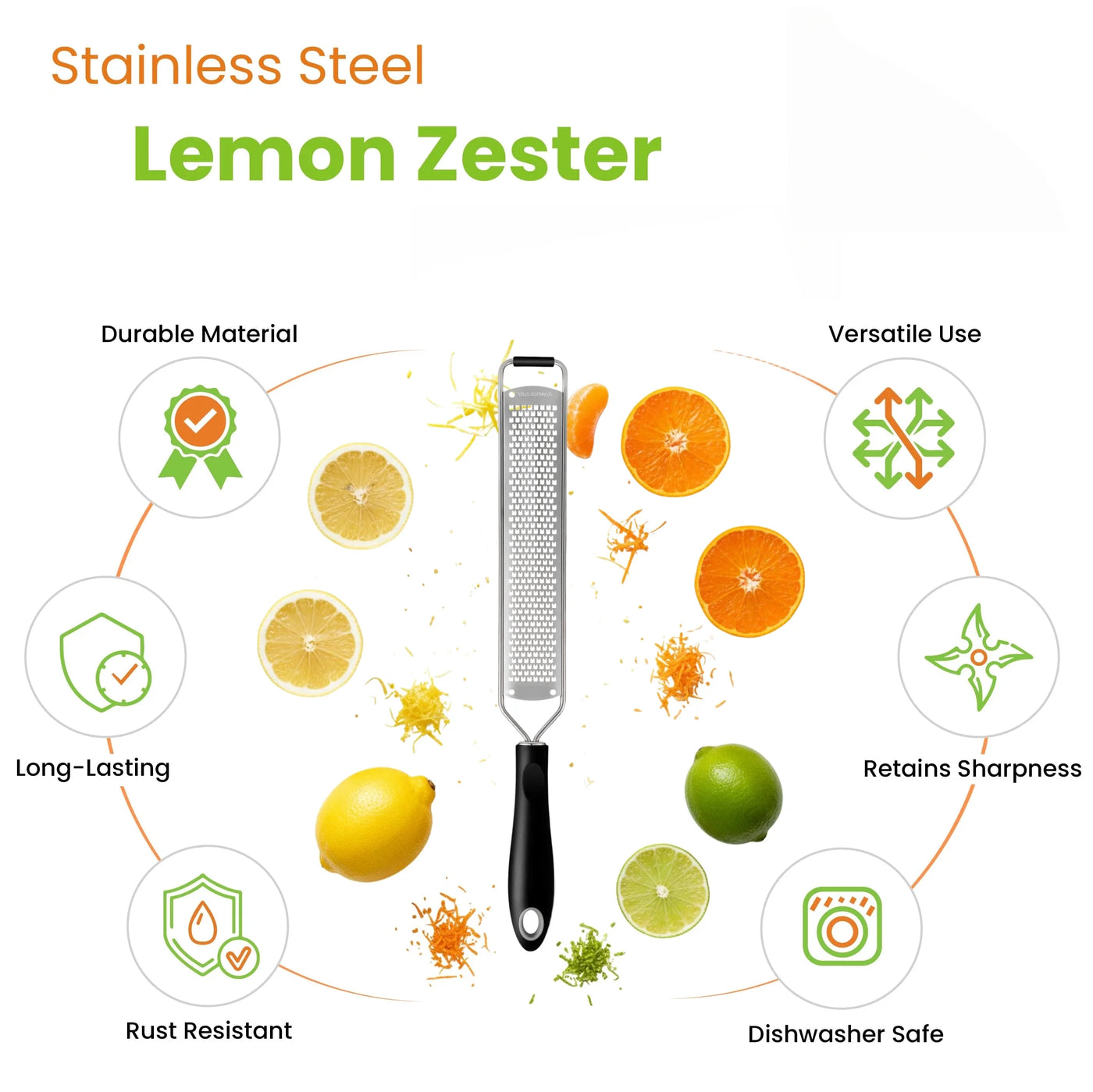 Stainless Steel Lemon Zester Grater with Handle, Garlic, Cheese, Parmesan, Nutmeg, Lime, Ginger Grater, Heavy Duty Kitchen Tool