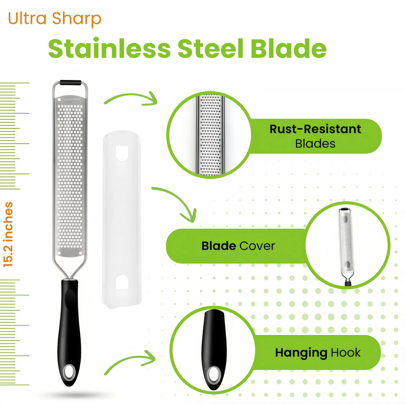 Stainless Steel Lemon Zester Grater with Handle, Garlic, Cheese, Parmesan, Nutmeg, Lime, Ginger Grater, Heavy Duty Kitchen Tool