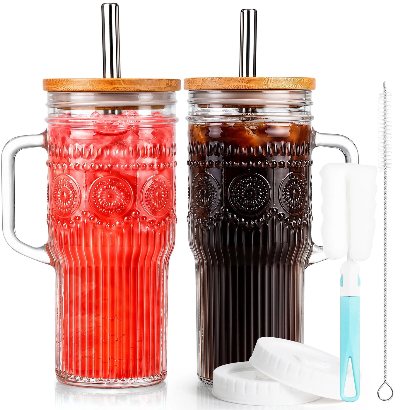 Va1kene 22oz 2-Piece Glass Tumbler with Lids and Straws Bohemian Glass Drinking Cups with Handle for Juice Tea Smoothies