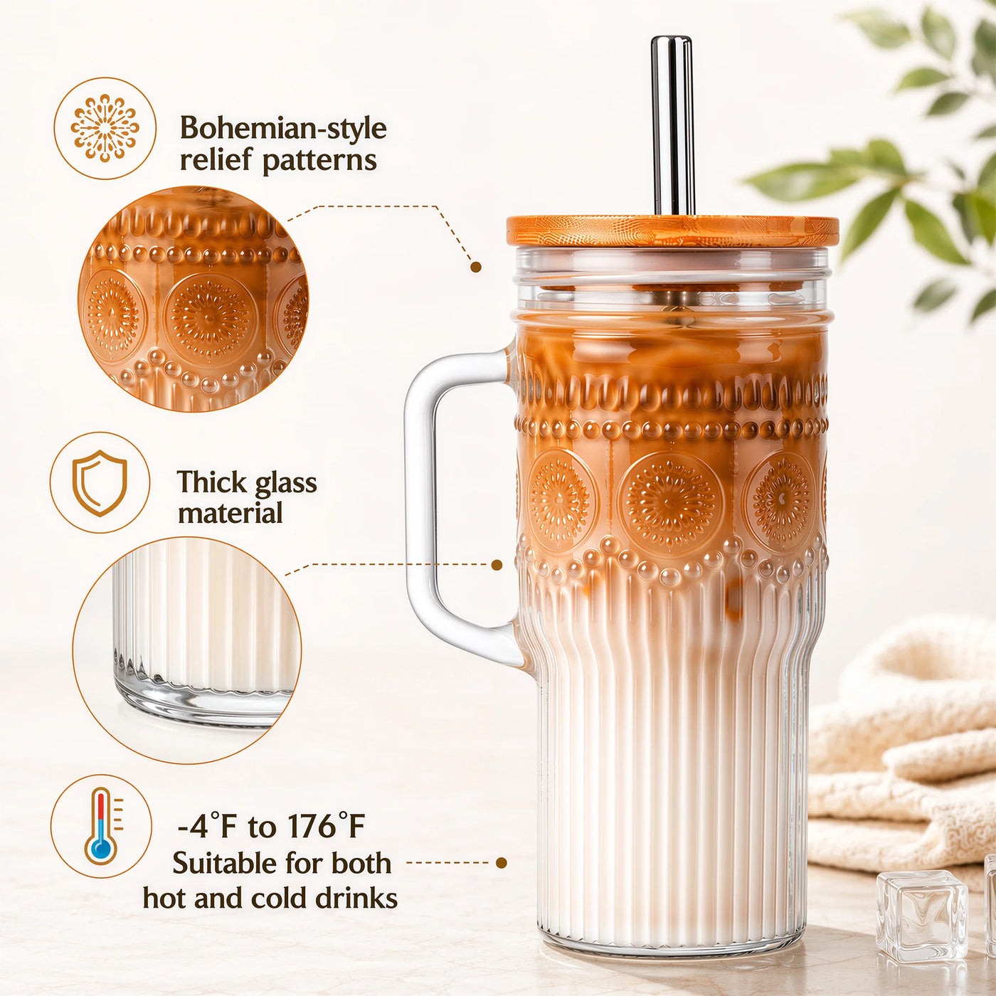 Va1kene 22oz 2-Piece Glass Tumbler with Lids and Straws Bohemian Glass Drinking Cups with Handle for Juice Tea Smoothies