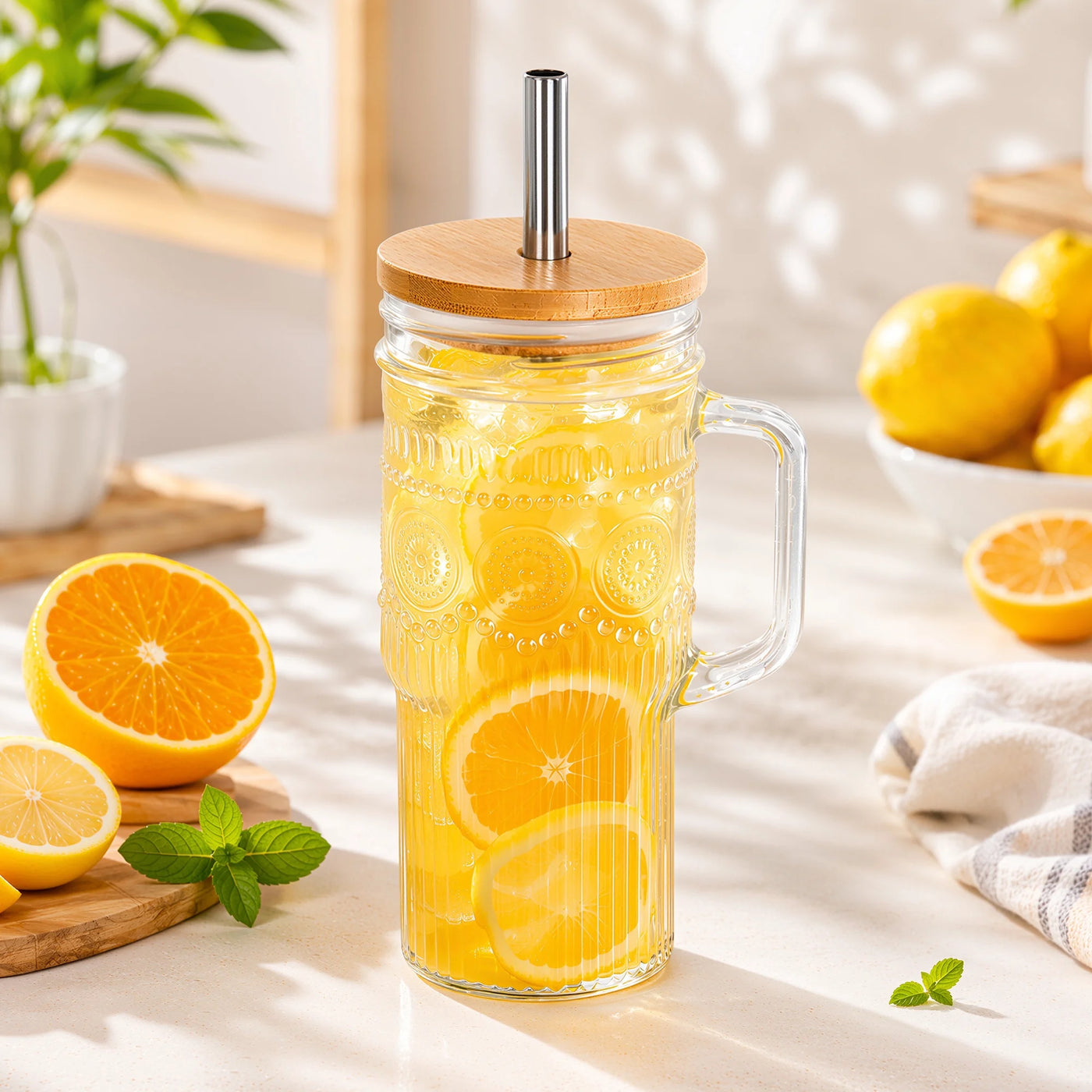 Va1kene 22oz 2-Piece Glass Tumbler with Lids and Straws Bohemian Glass Drinking Cups with Handle for Juice Tea Smoothies
