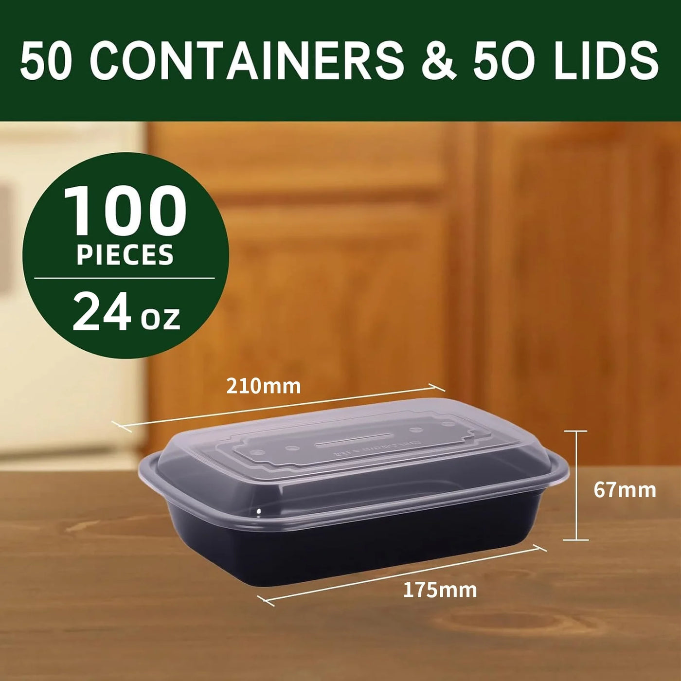 50 Packs Black Meal Prep Containers Reusable, Food Containers with Lids, to Go Container(24 Oz), for Pantry Organization