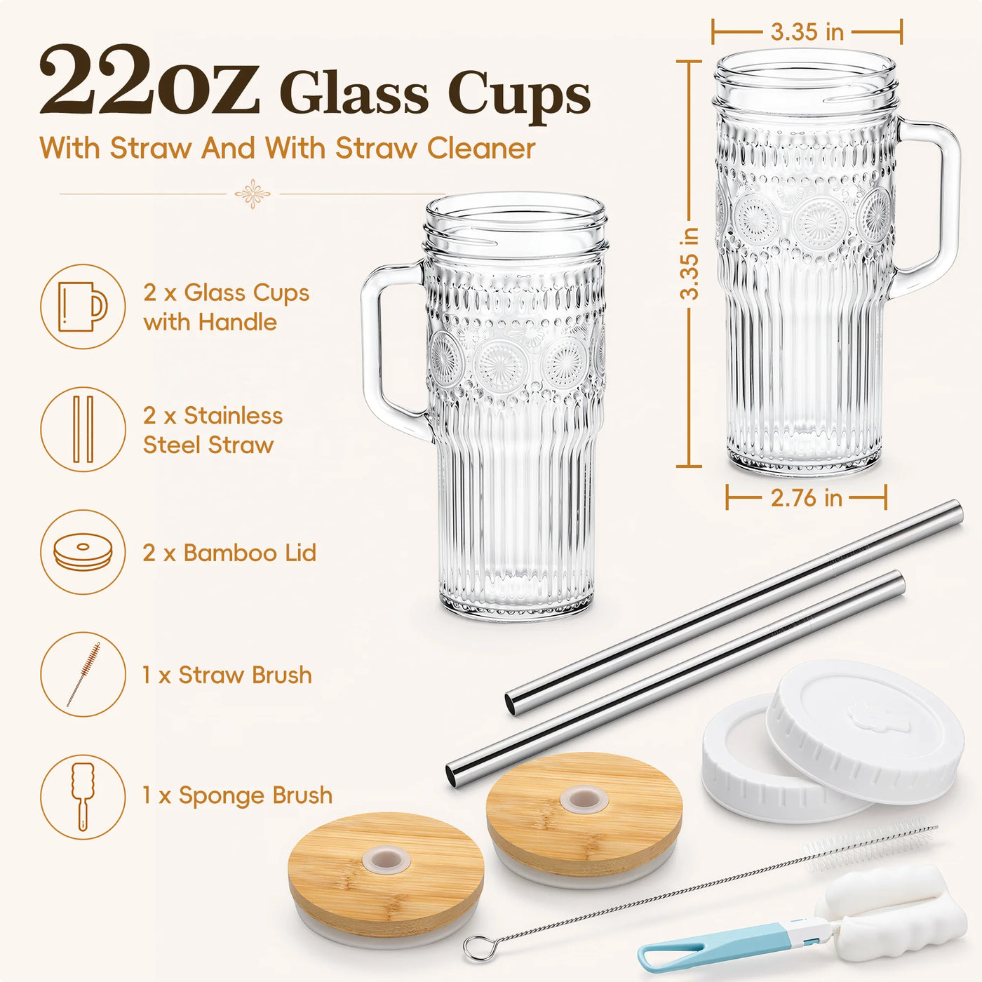 Va1kene 22oz 2-Piece Glass Tumbler with Lids and Straws Bohemian Glass Drinking Cups with Handle for Juice Tea Smoothies
